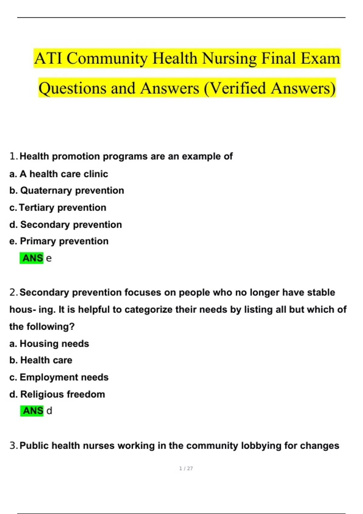 Ati Community Health Nursing Final Exam With Questions And Answers