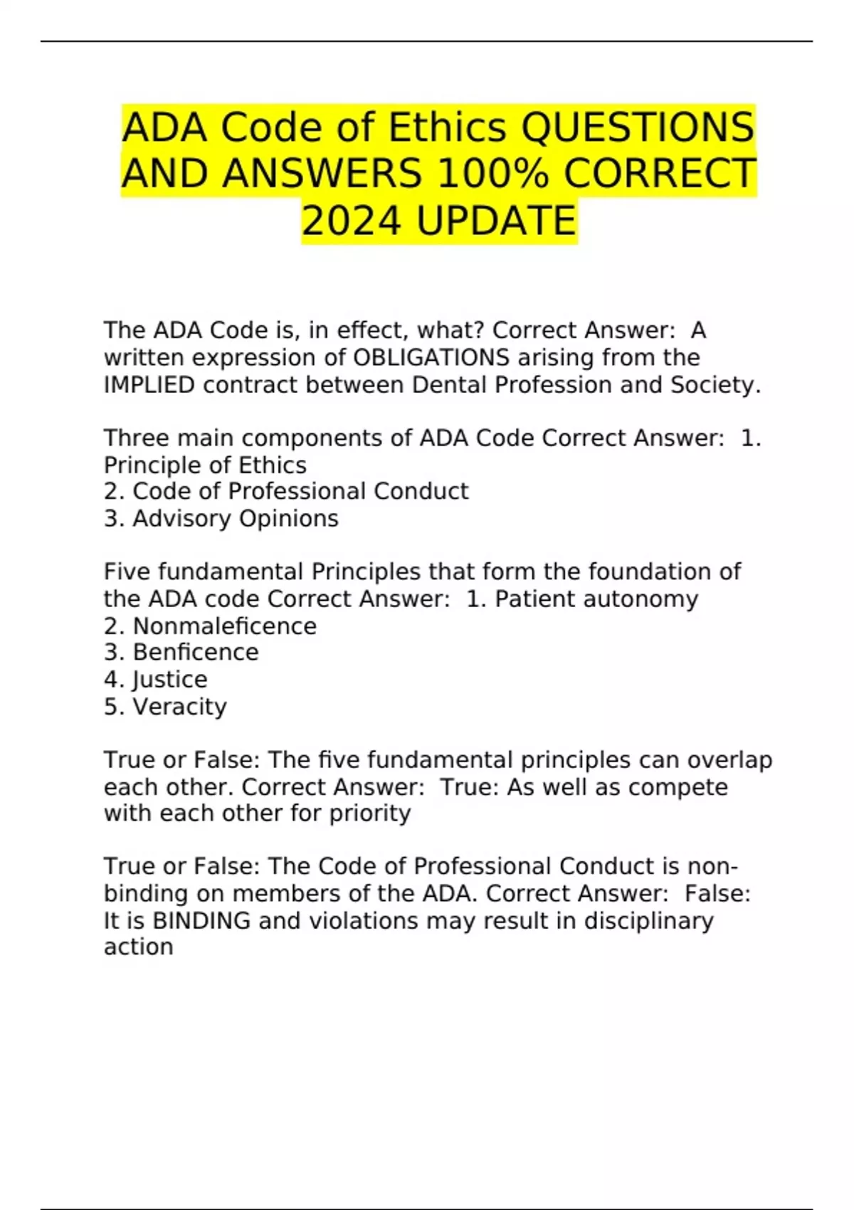 ADA Code of Ethics QUESTIONS AND ANSWERS 100 CORRECT 2024 UPDATE ADA