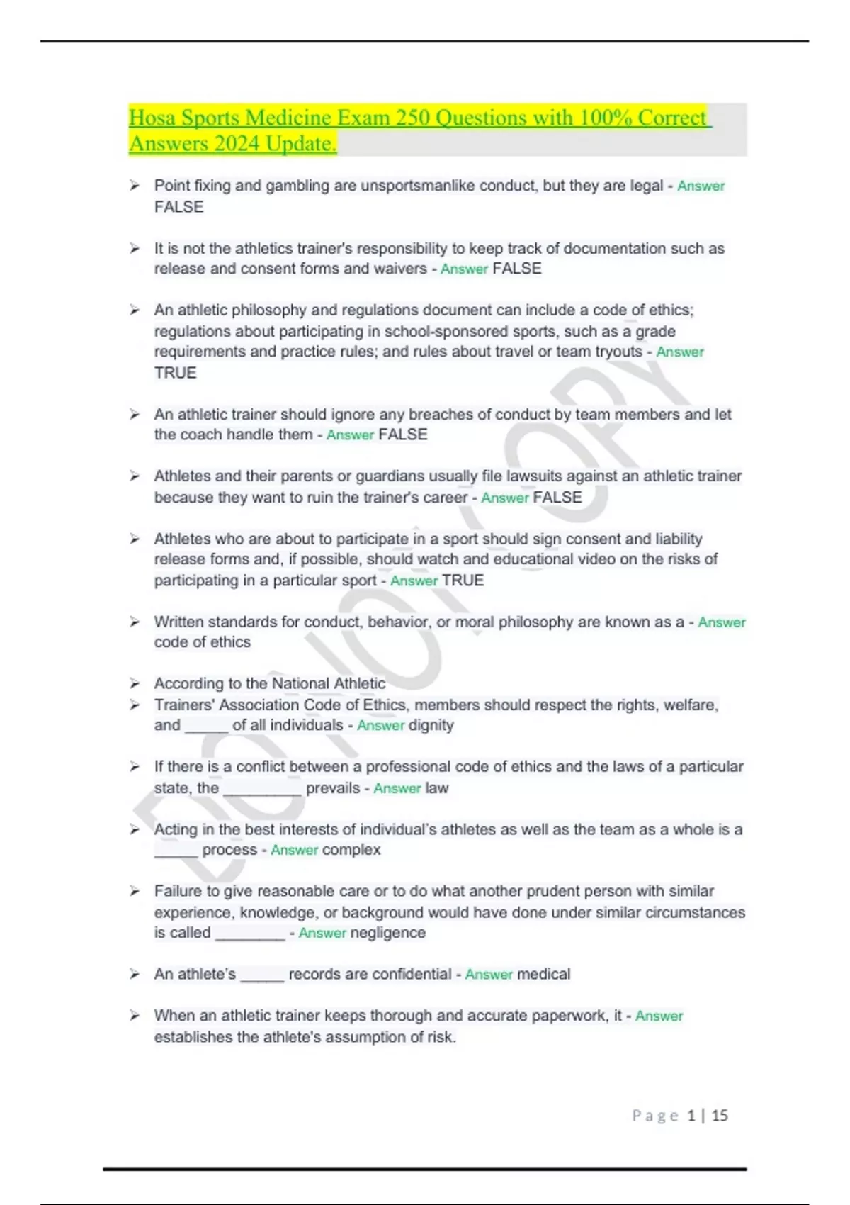 Hosa Sports Medicine Exam 250 Questions with 100 Correct Answers 2024