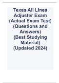 Texas All Lines Adjuster Exam (Actual Exam Test) (Questions and Answers)  (Best Studying Material)  (Updated 2024)