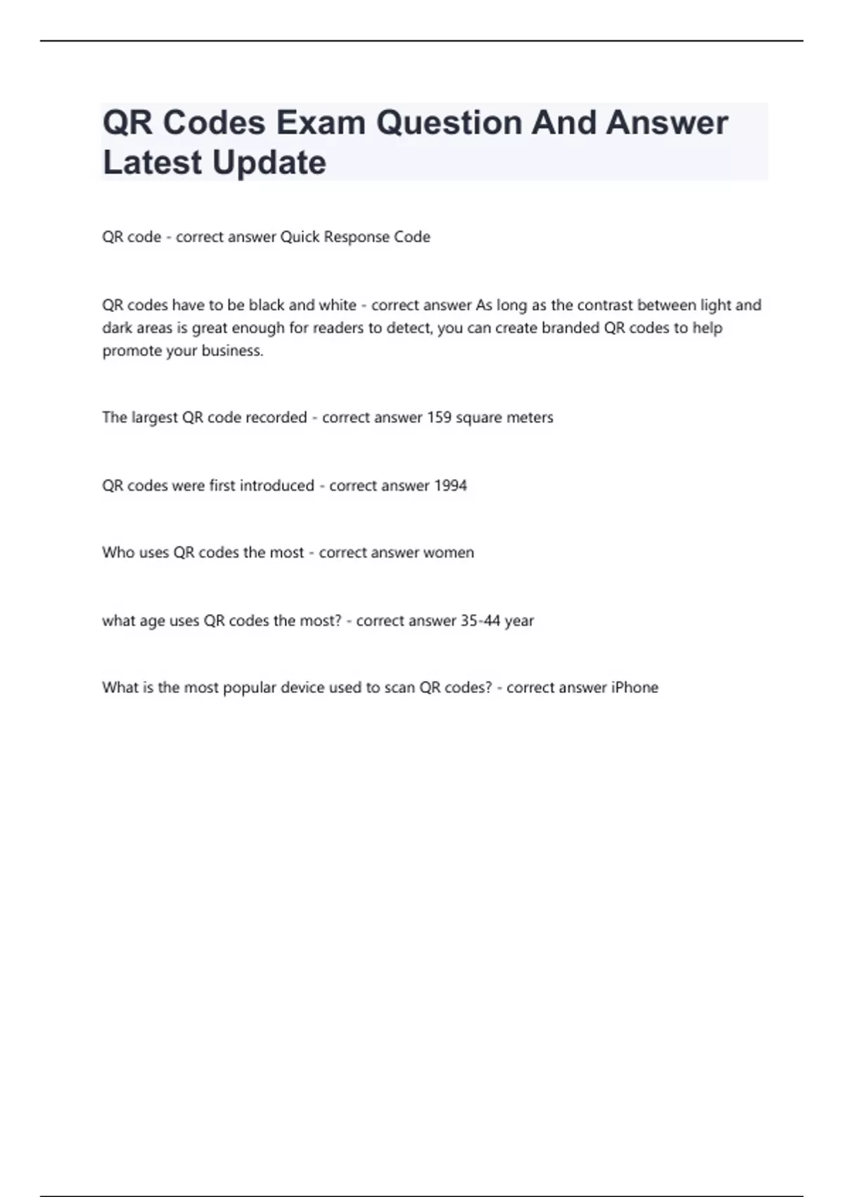 QR Codes Exam 3 Question And Answer Latest Update - QR Code - Stuvia US
