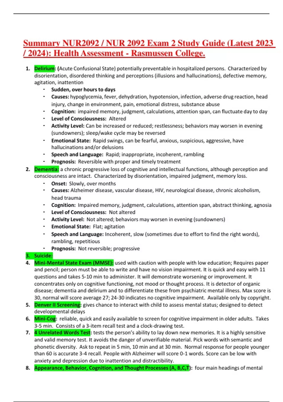 Summary NUR2092 / NUR 2092 Exam 2 Study Guide (Latest 2023 / 2024 ...