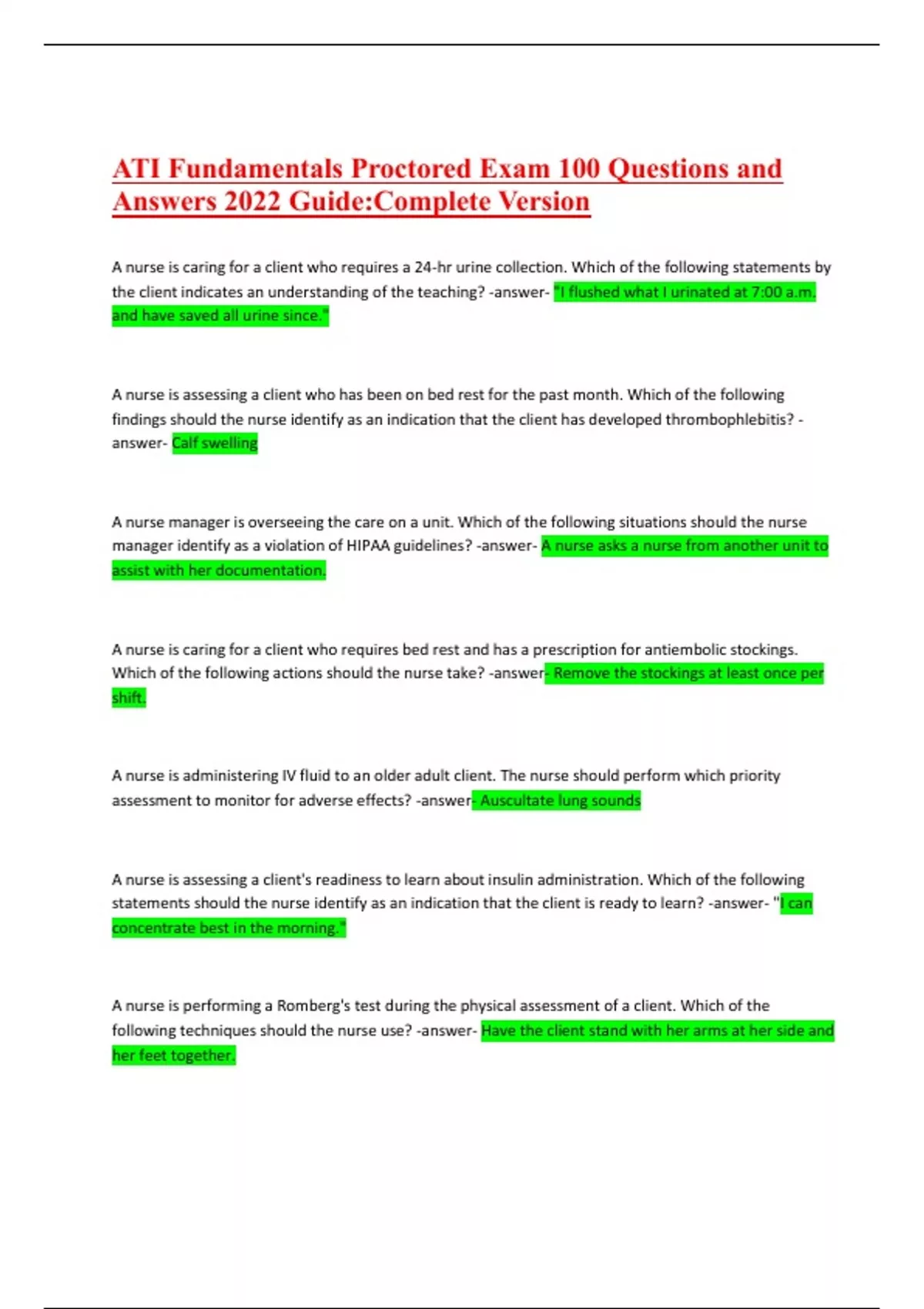 ATI Fundamentals Proctored Exam 100 Questions and Answers 2022 Guide ...