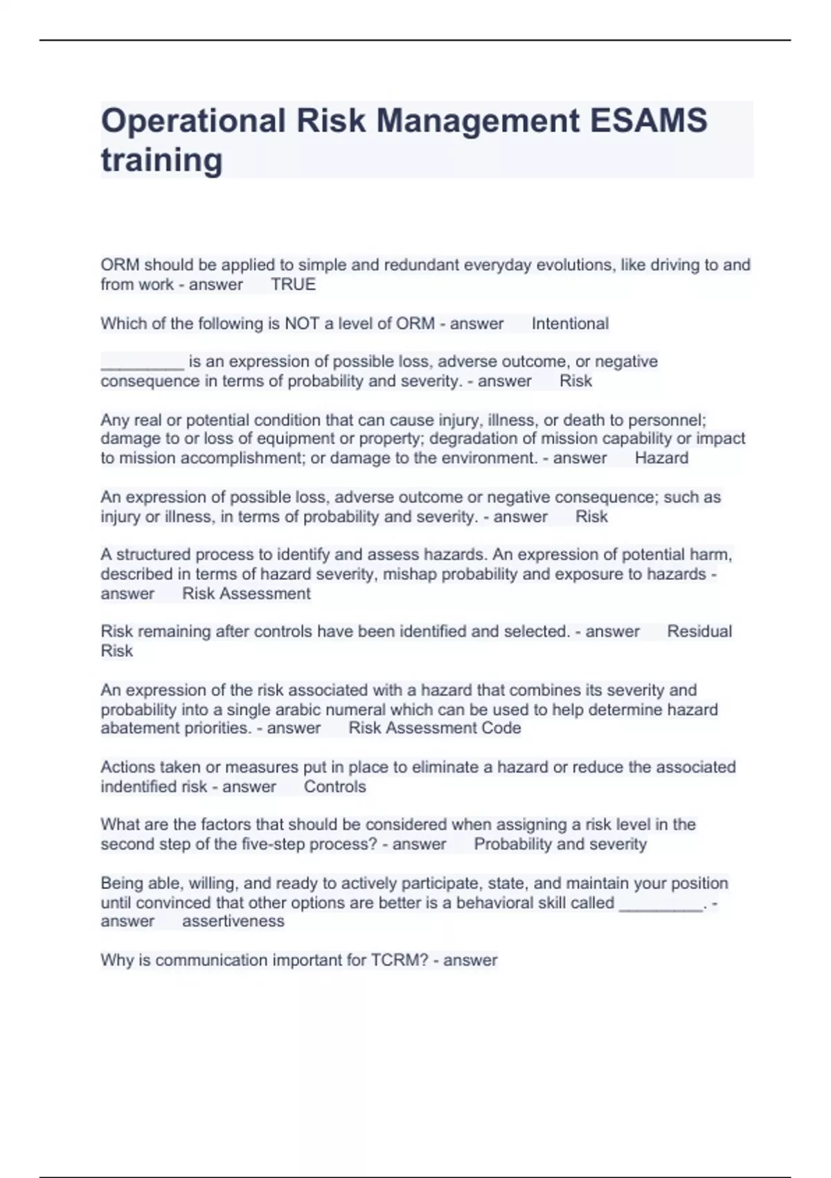 Operational Risk Management ESAMS training Questions with correct