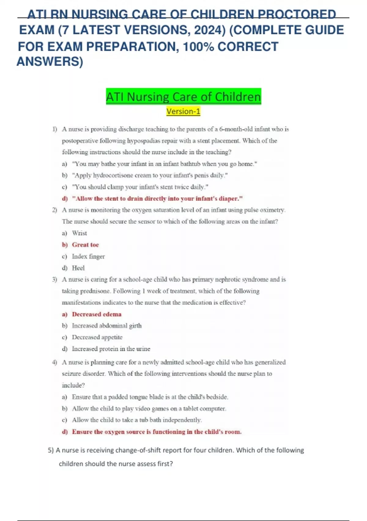 ATI RN NURSING CARE OF CHILDREN PROCTORED EXAM (7 LATEST VERSIONS, 2024 ...