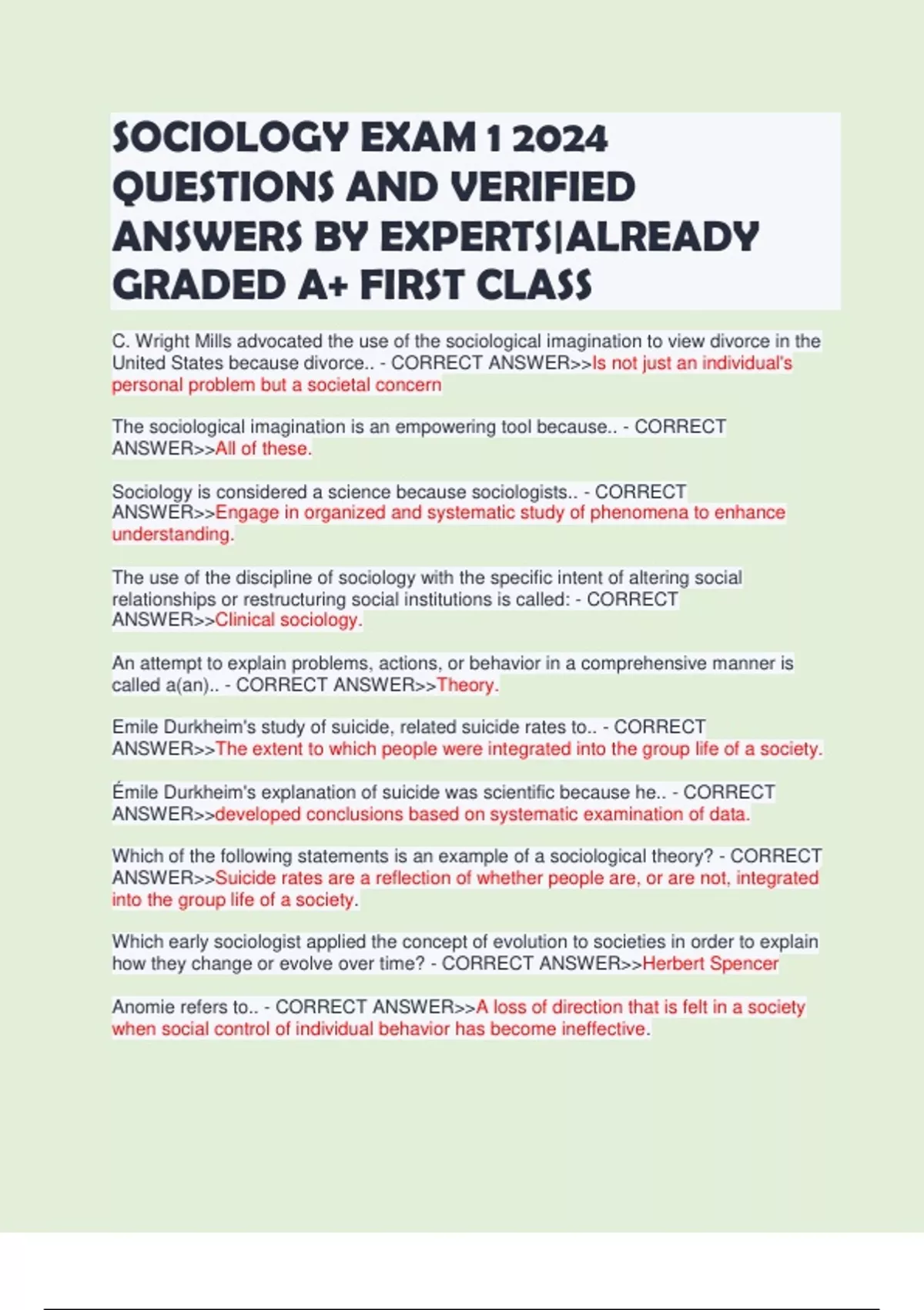SOCIOLOGY EXAM 1 2024 QUESTIONS AND VERIFIED ANSWERS BY EXPERTS|ALREADY ...