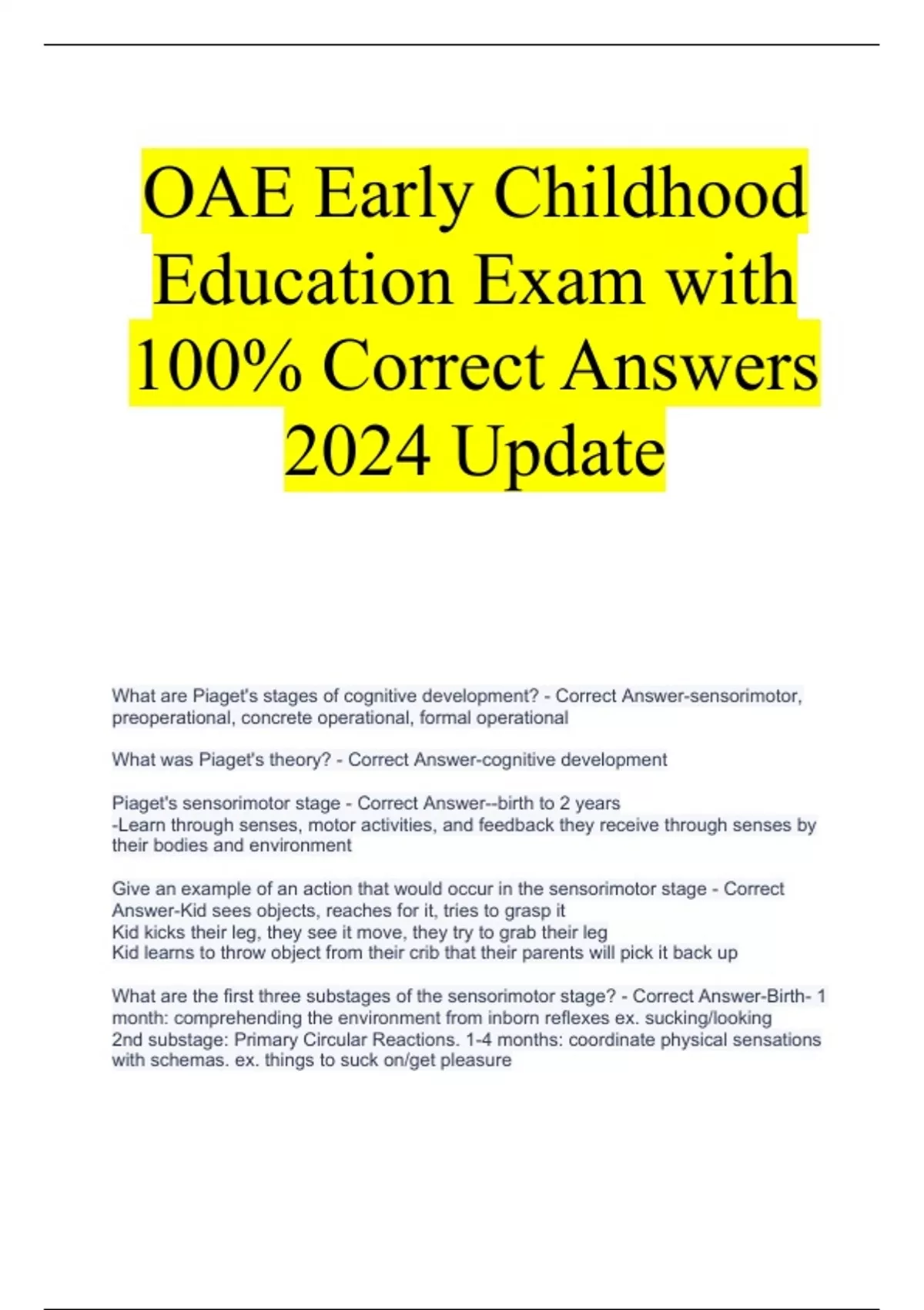 OAE Early Childhood Education Exam with 100 Correct Answers 2024 Update OAE Early Childhood