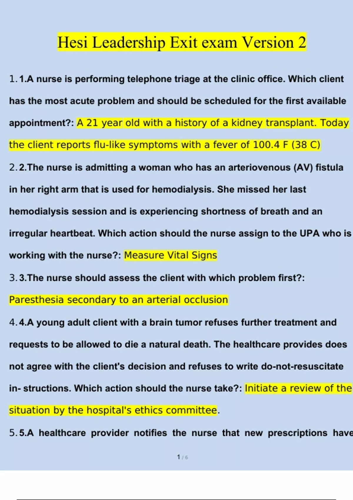 Hesi Leadership Exit exam Version 2 (V2) | Questions with 100% Correct ...