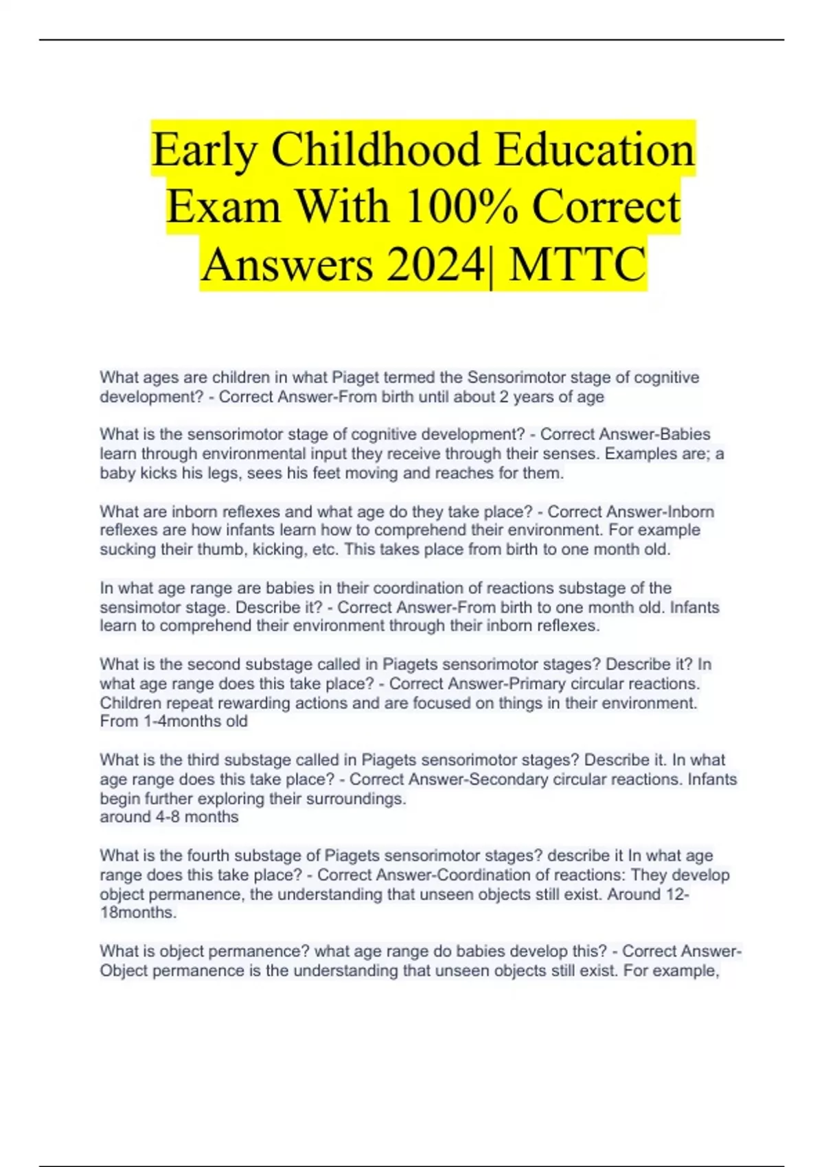 Early Childhood Education Exam With 100 Correct Answers 2024 MTTC