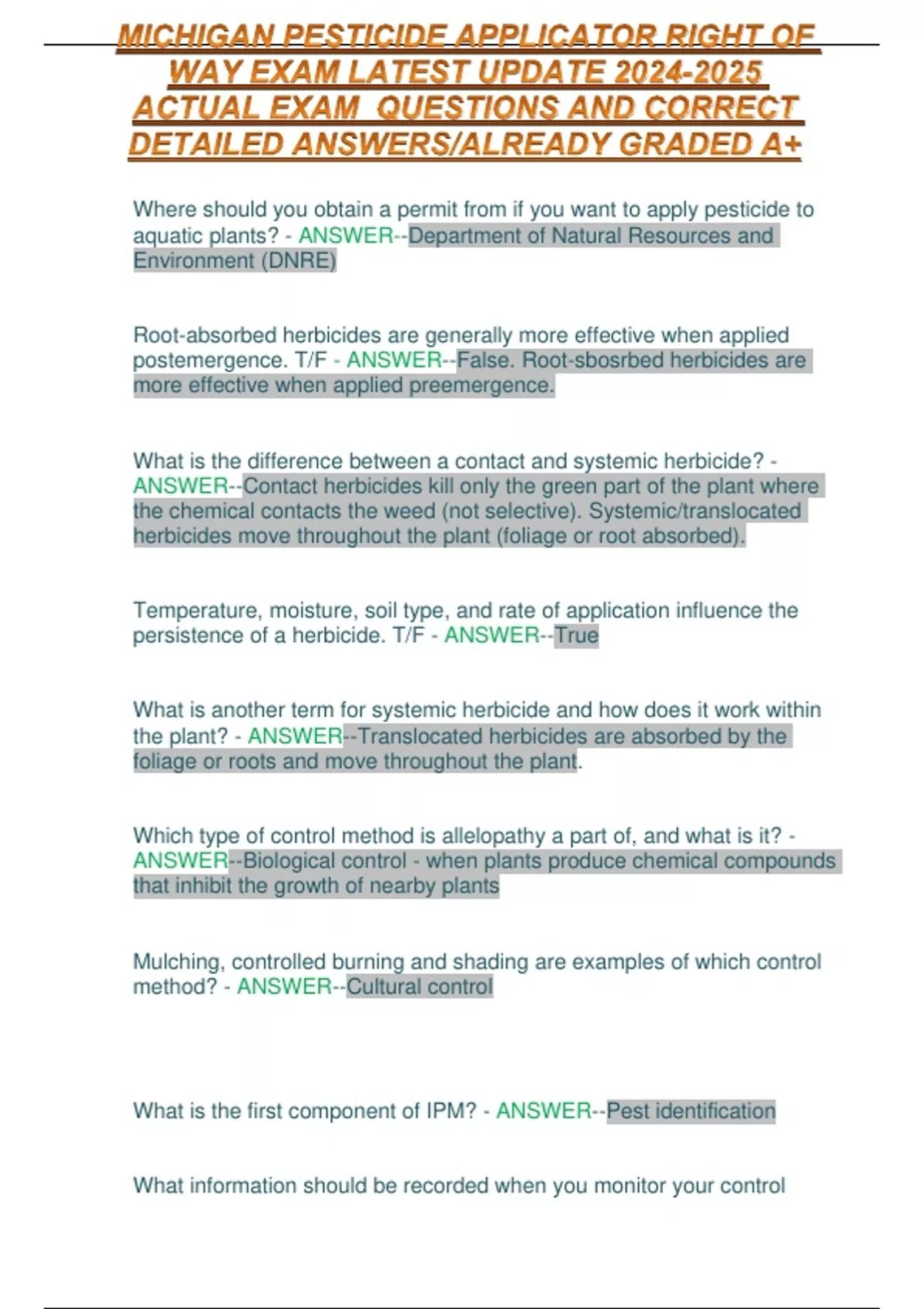 MICHIGAN PESTICIDE APPLICATOR RIGHT OF WAY EXAM LATEST UPDATE ACTUAL