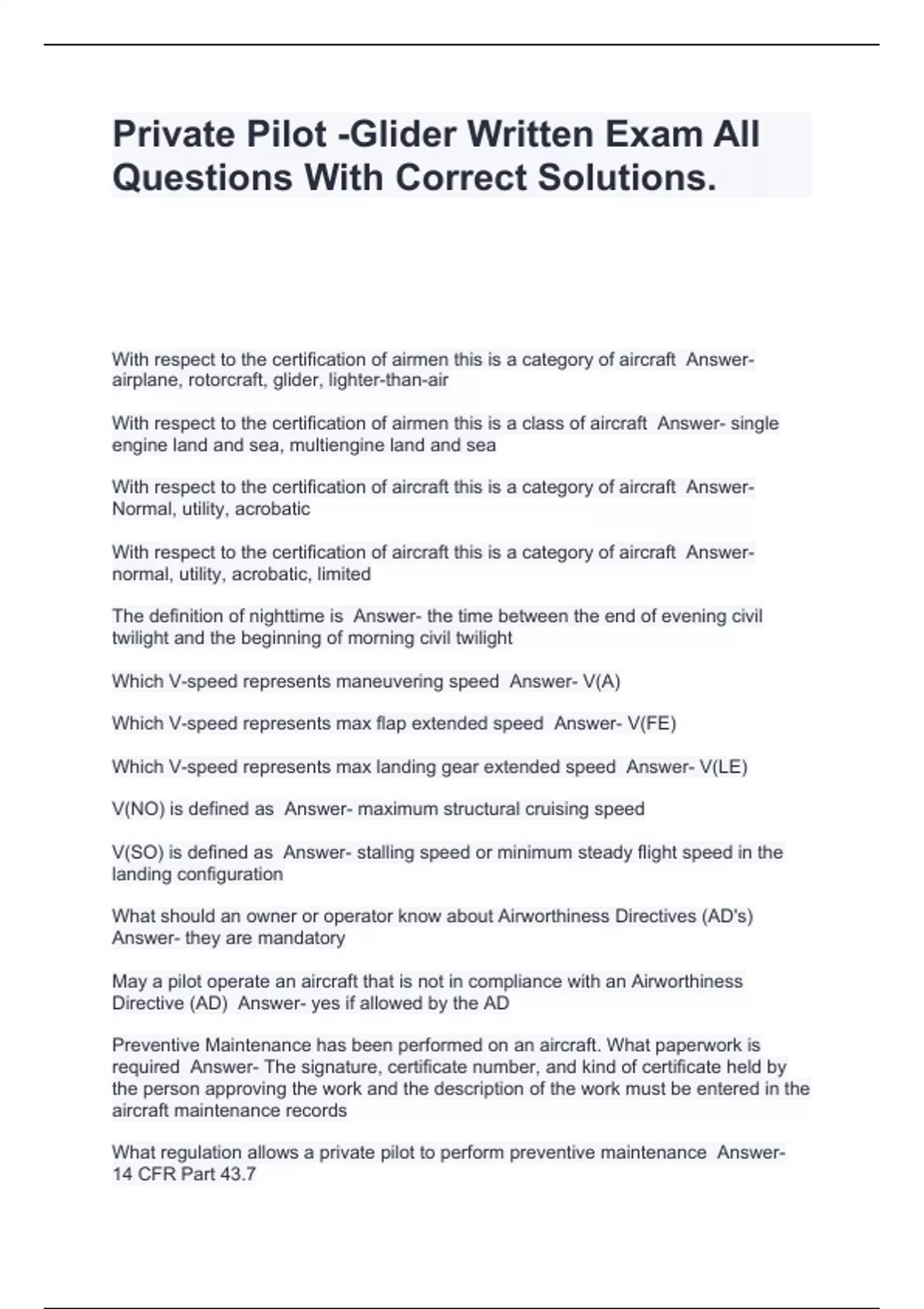 Private Pilot Glider Written Exam All Questions With Correct Solutions