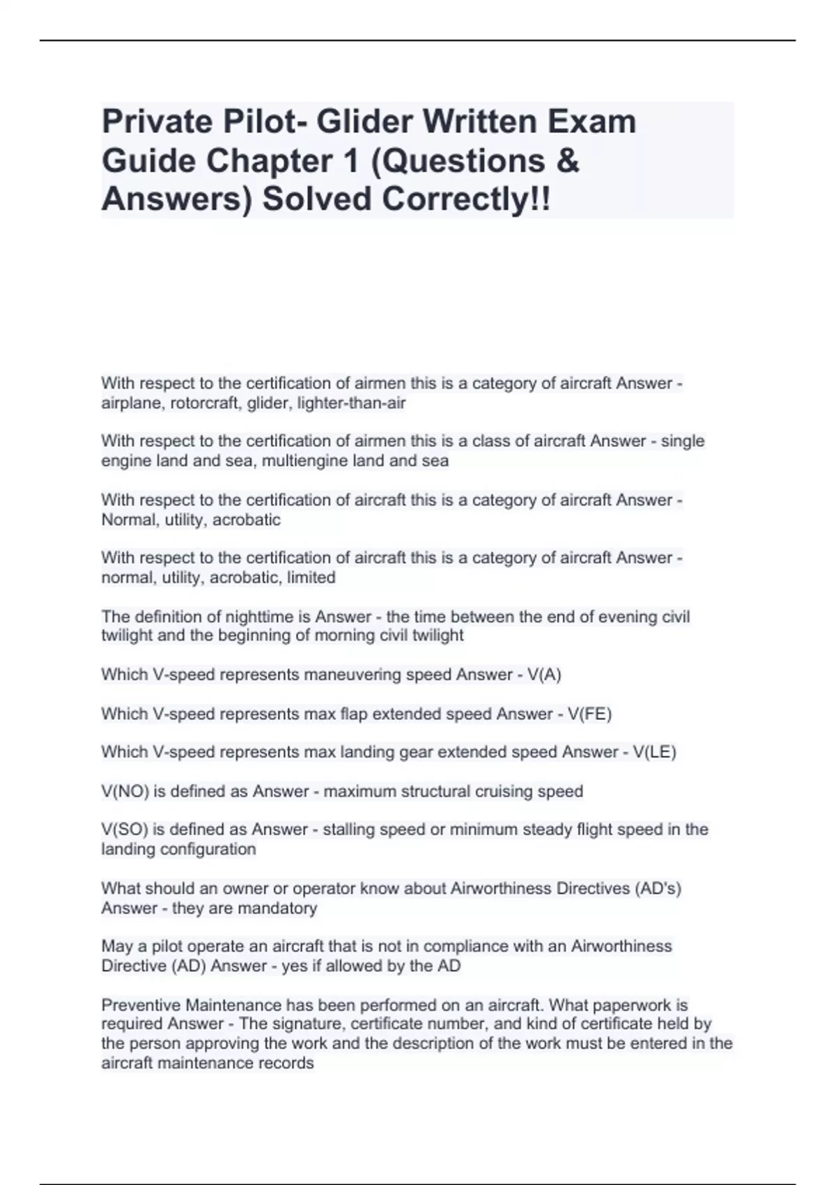 Private Pilot Glider Written Exam Guide Chapter 1 (Questions & Answers