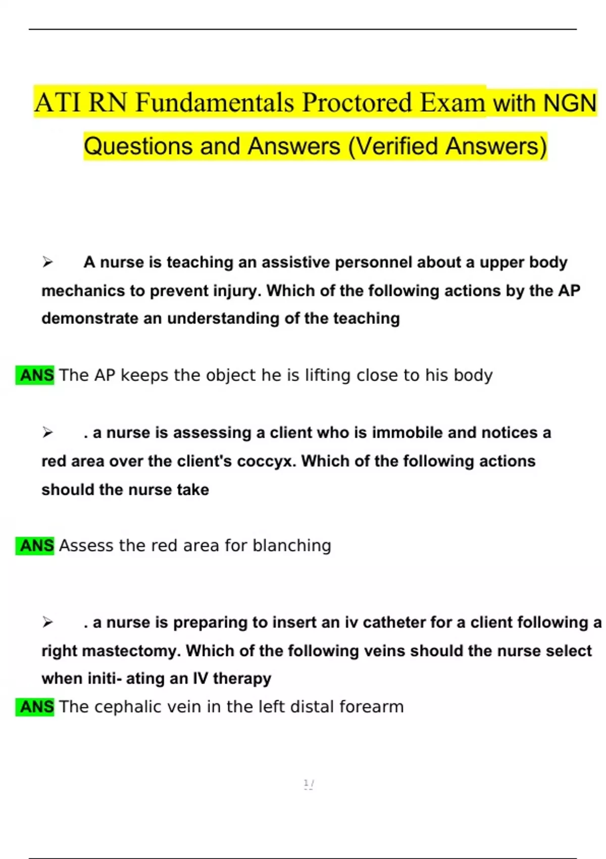 ATI RN Fundamentals Proctored Exam with NGN with Questions and Answers ...
