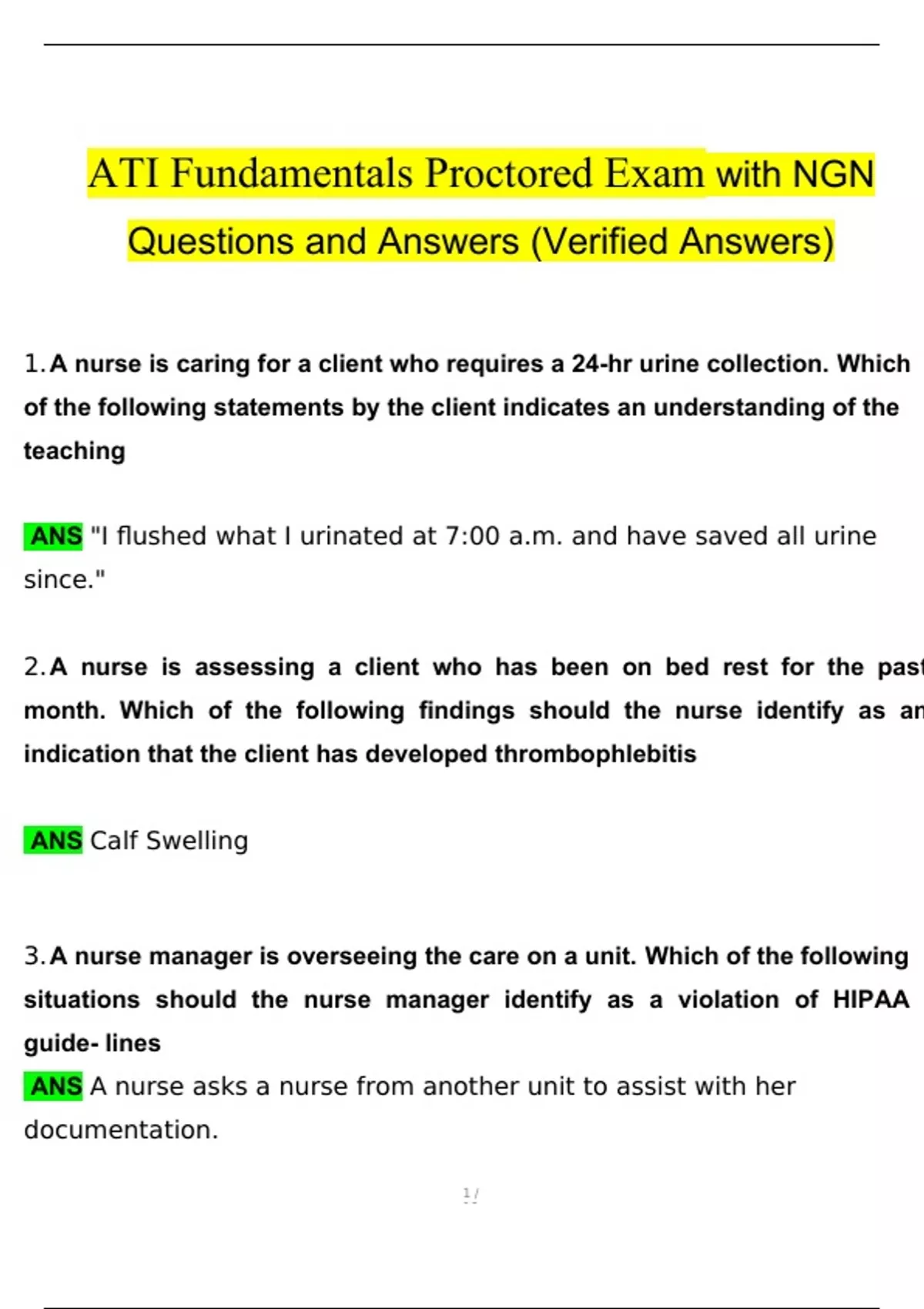 ATI Fundamentals Proctored Exam with NGN Questions and Answers 2024 / ...