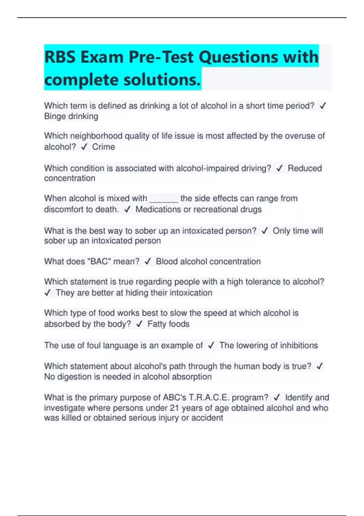 RBS Exam PreTest Questions with complete solutions Latest 2024/2025