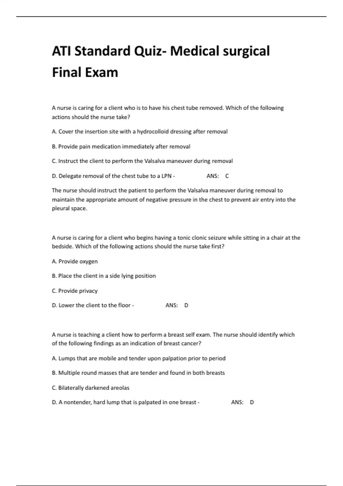 ATI Standard Quiz Medical surgical Final Exam with correct answers