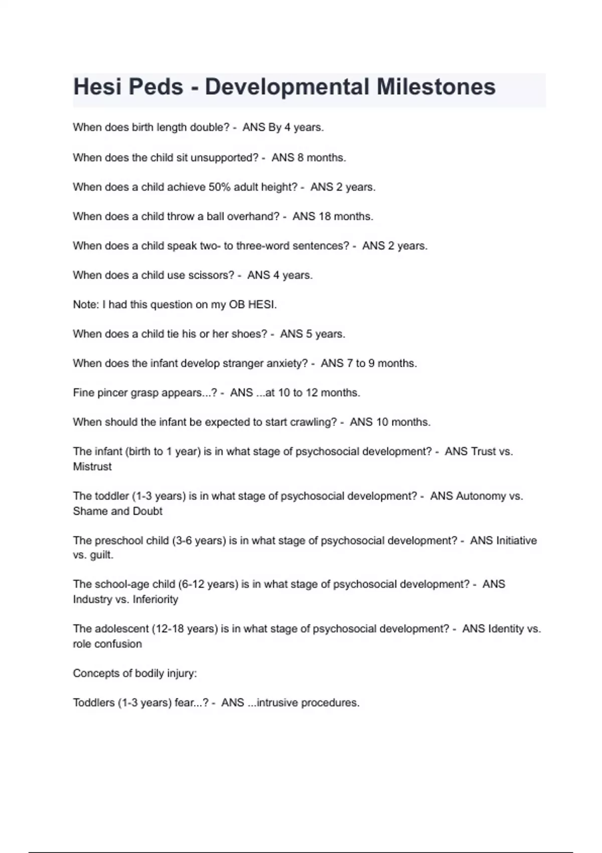Hesi Pediatric - Developmental Milestones Exam Questions with correct ...