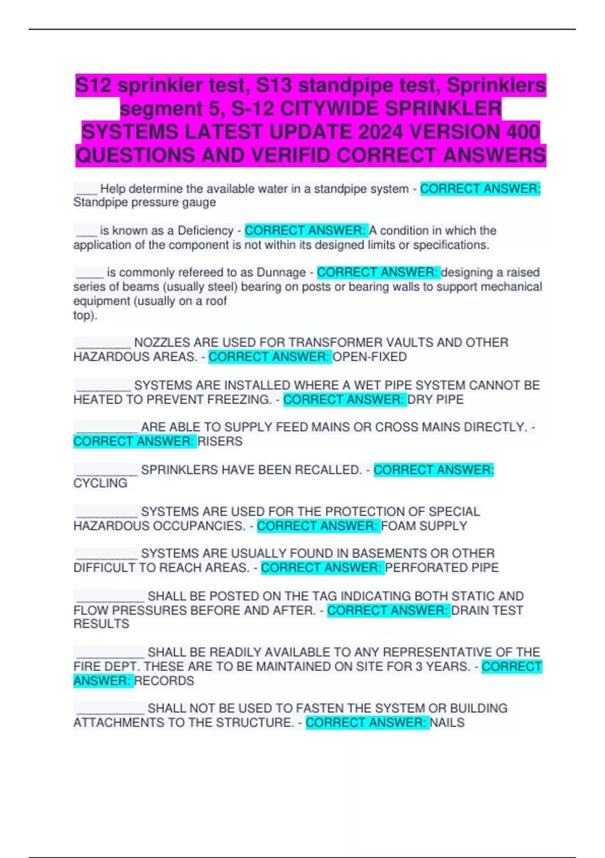 S12 sprinkler test, S13 standpipe test, Sprinklers segment 5, S12