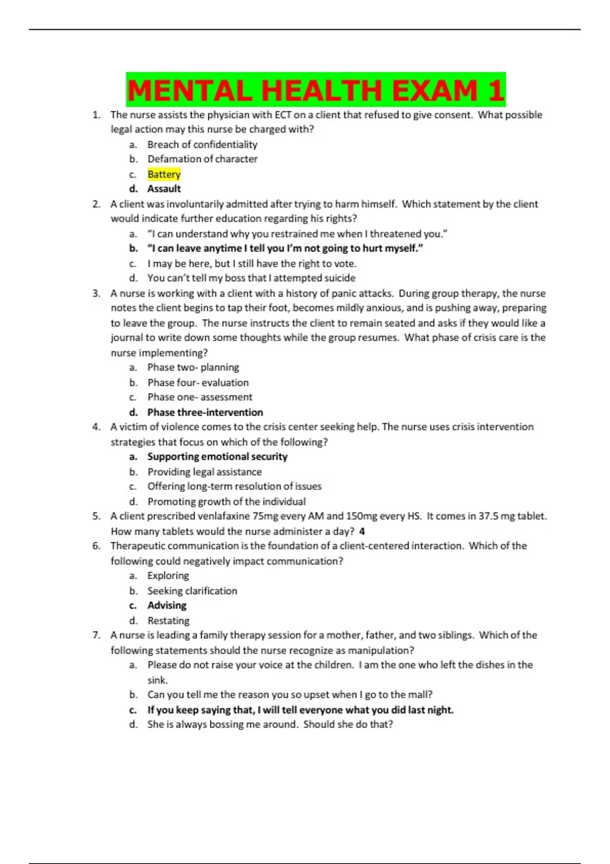 MENTAL HEALTH EXAM 1 2024 QUESTIONS WITH COMPLETE SOLUTIONS GRADED A+ ...