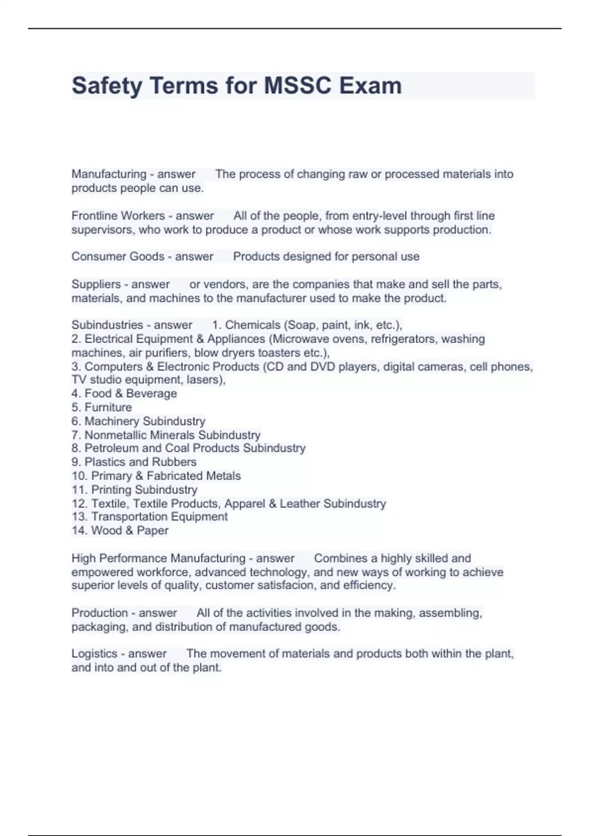 Safety Terms for MSSC Exam Questions and Answers 2024 MSSC Stuvia US