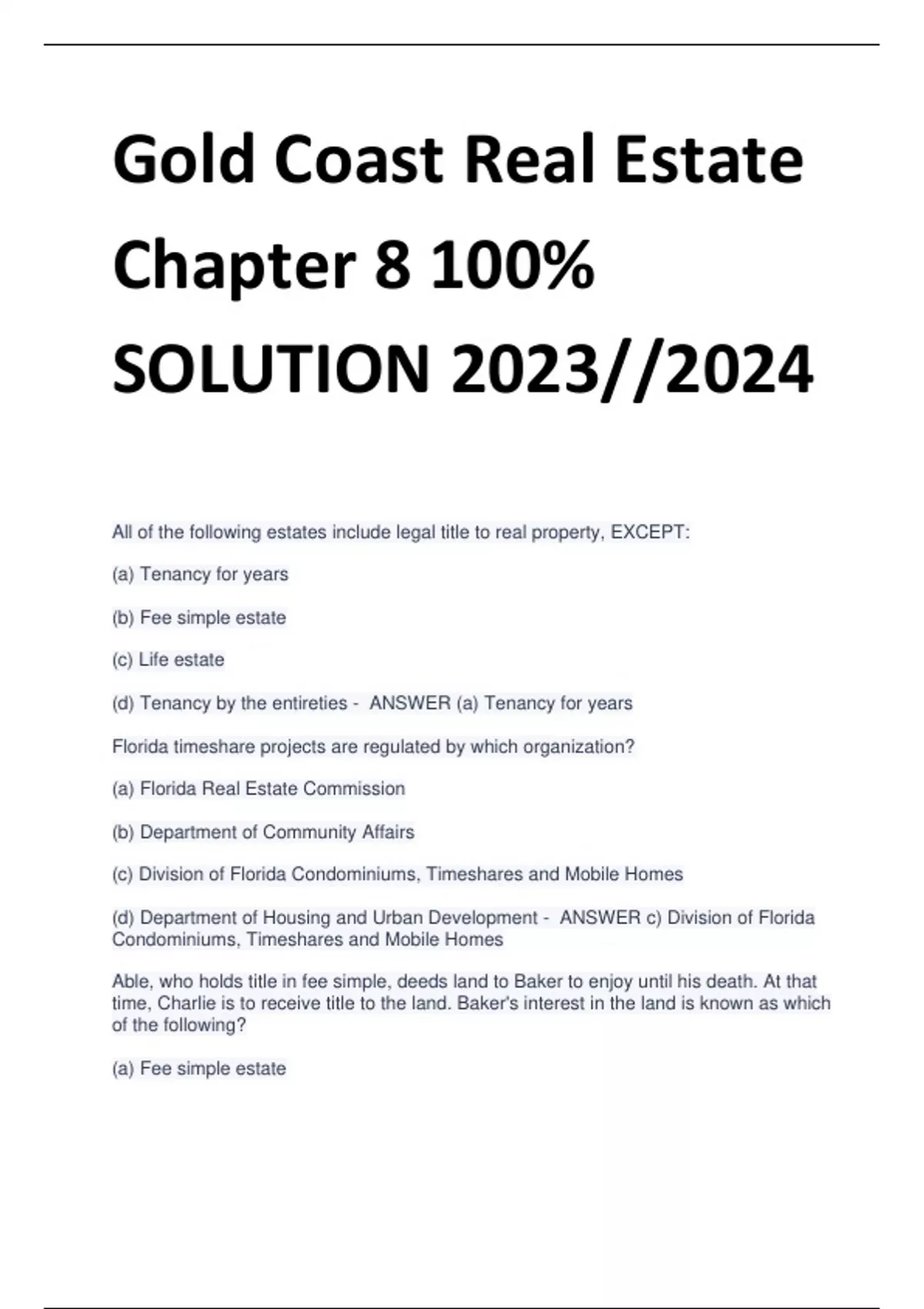 UPDATED Gold Coast Real Estate Chapter 8 100 SOLUTION 2023//2024
