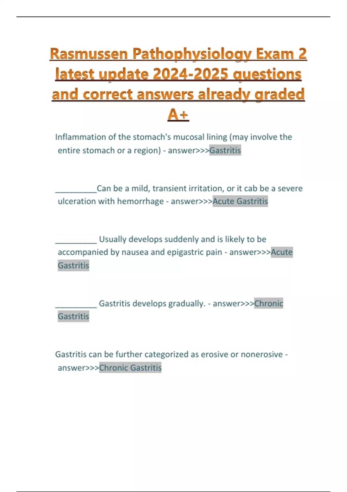 Rasmussen Pathophysiology Exam 2 latest update questions and correct ...