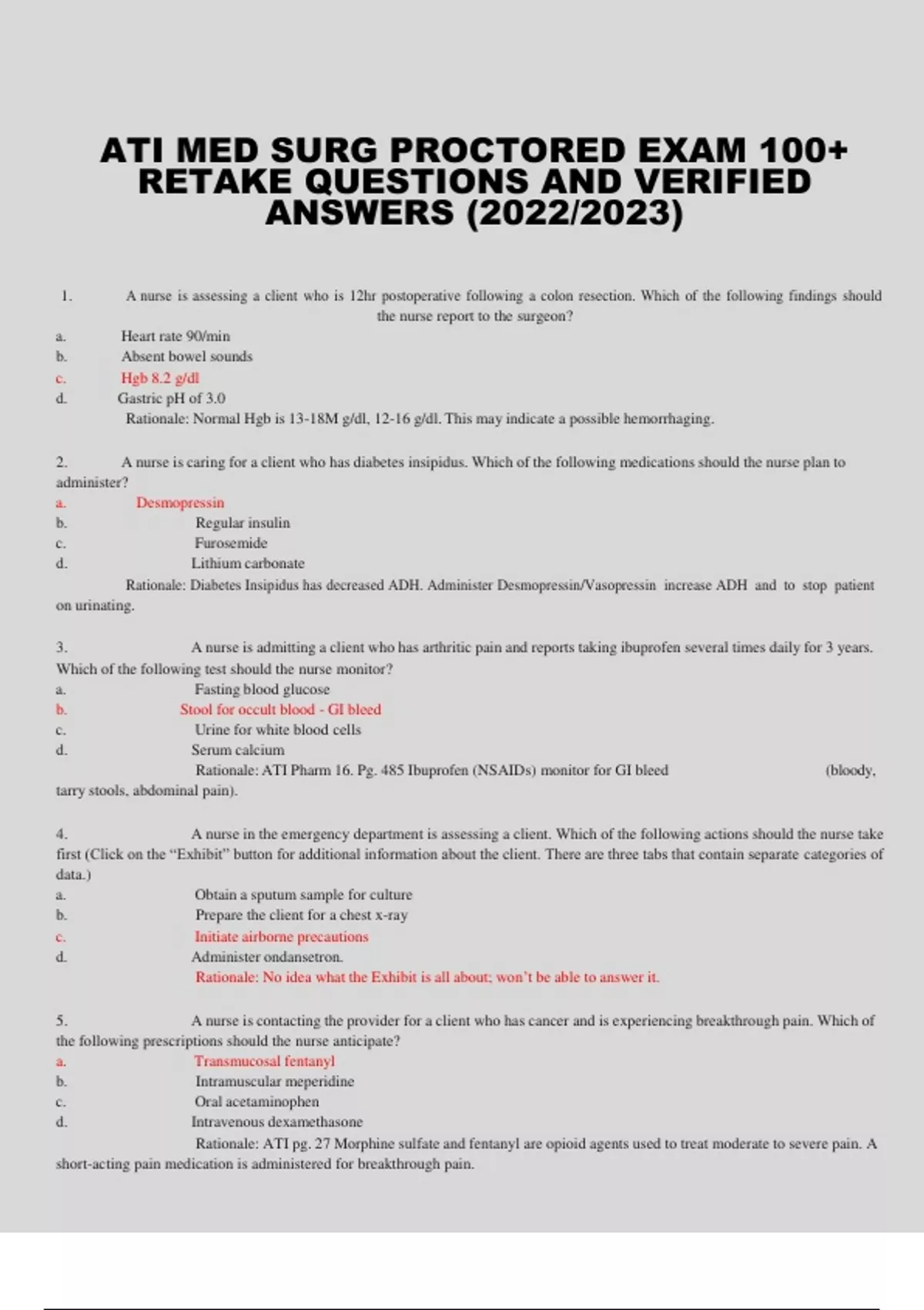 ATI MED SURG PROCTORED EXAM 100+ RETAKE QUESTIONS AND VERIFIED ANSWERS ...