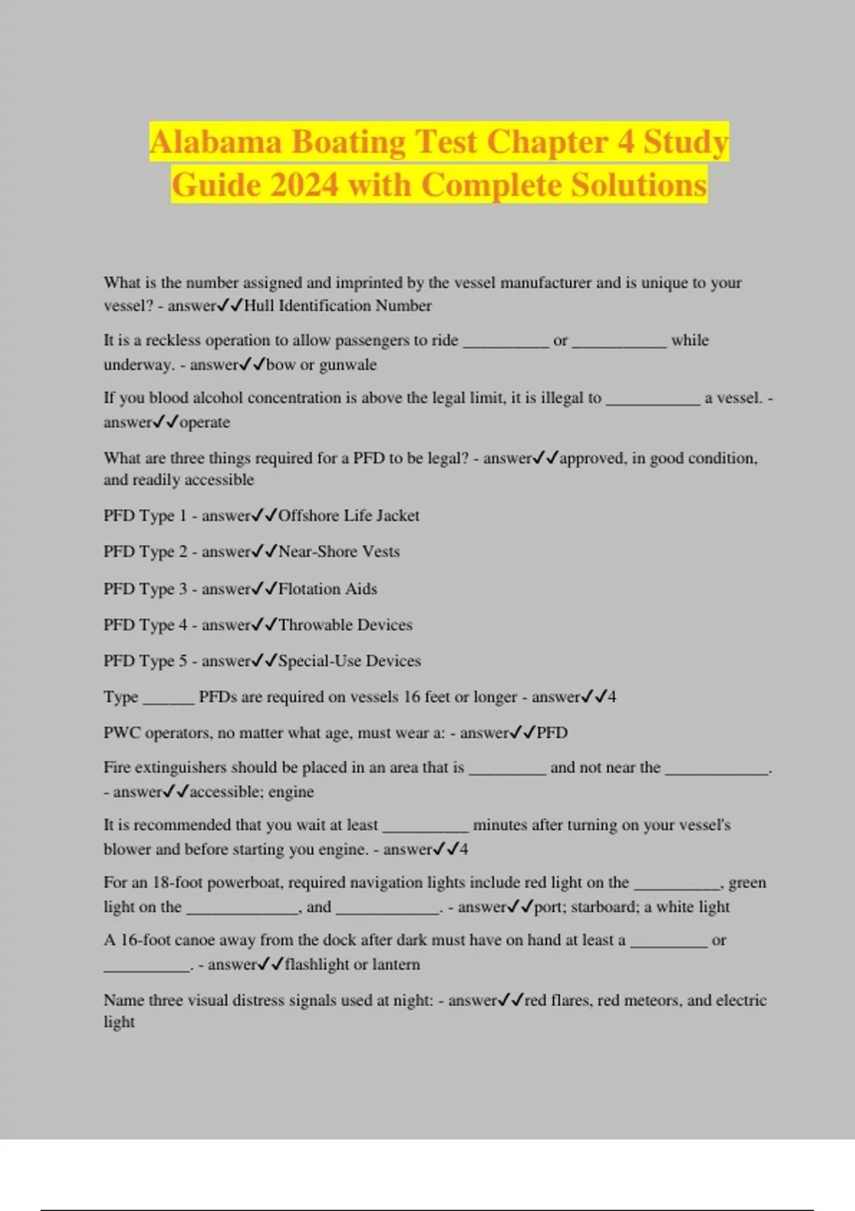 Alabama Boating Test Chapter 4 Study Guide 2024 with Complete Solutions