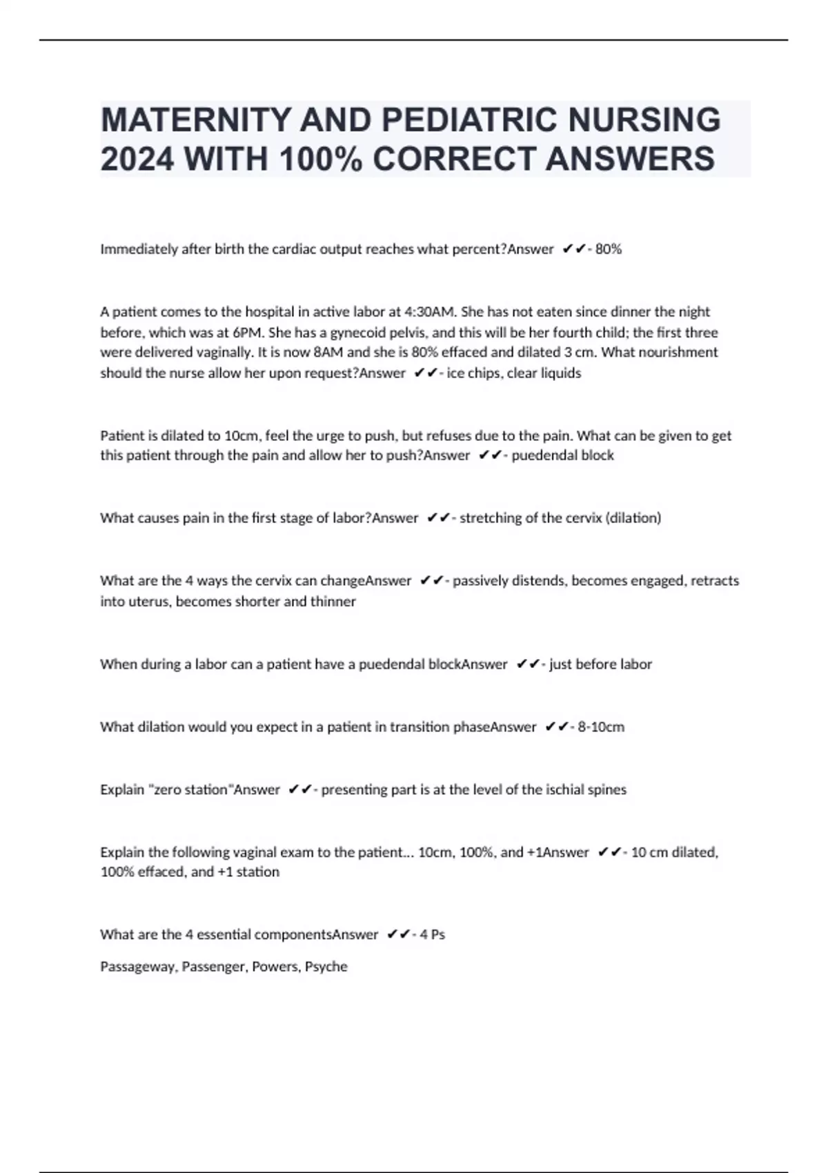 MATERNITY AND PEDIATRIC NURSING 2024 WITH 100 CORRECT ANSWERS Safe