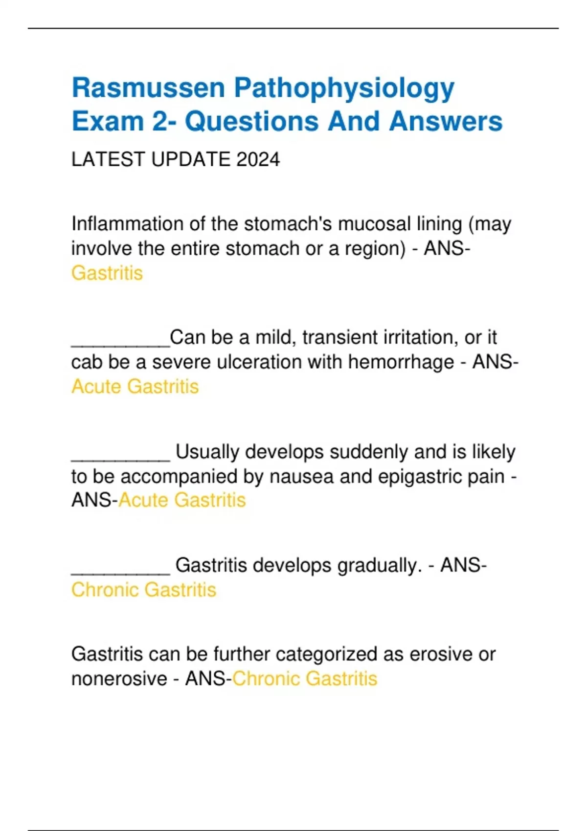 Rasmussen Pathophysiology Exam 2- Questions And Answers LATEST UPDATE ...