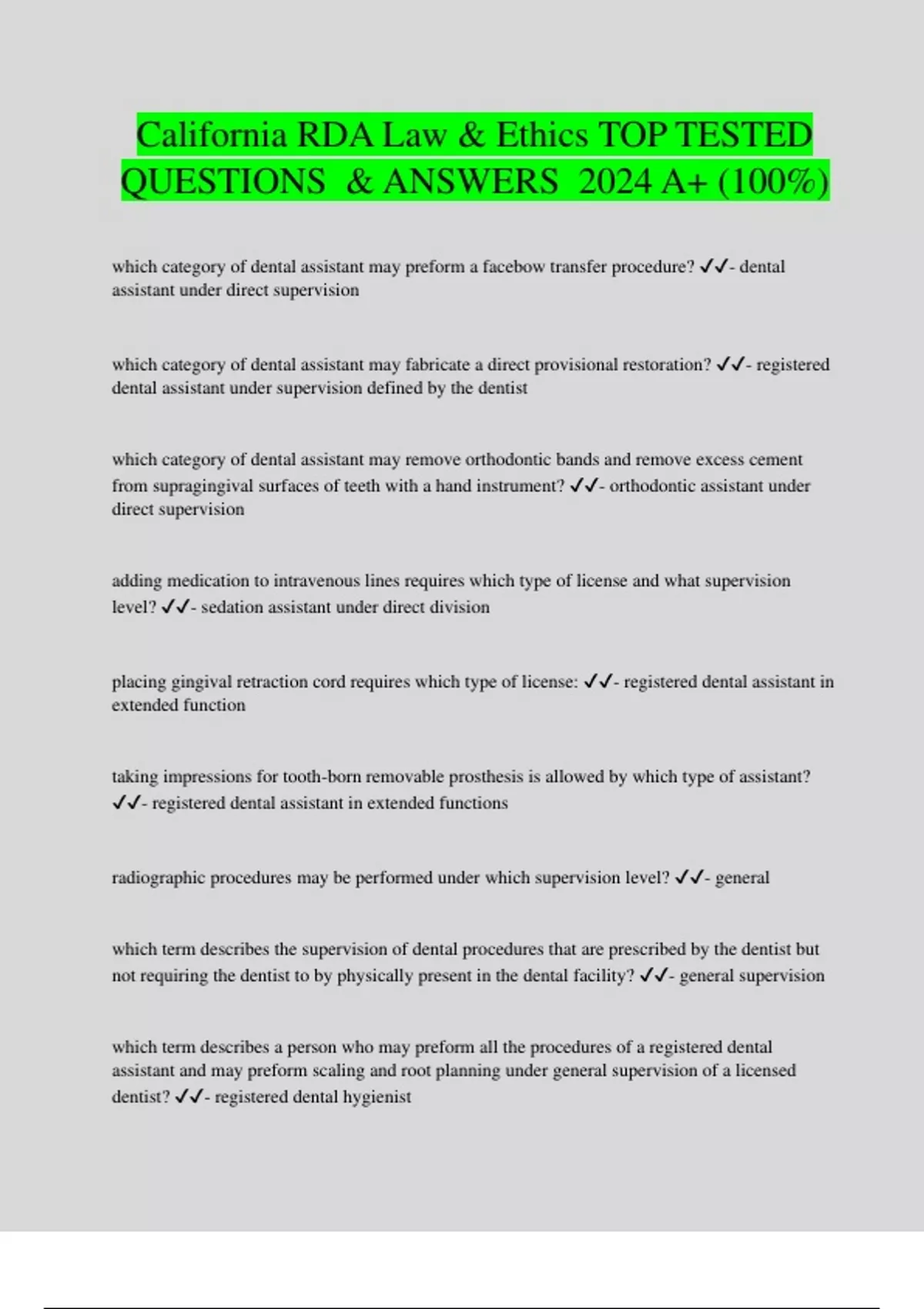 California RDA Law & Ethics TOP TESTED QUESTIONS & ANSWERS 2024 A+ (100 ...