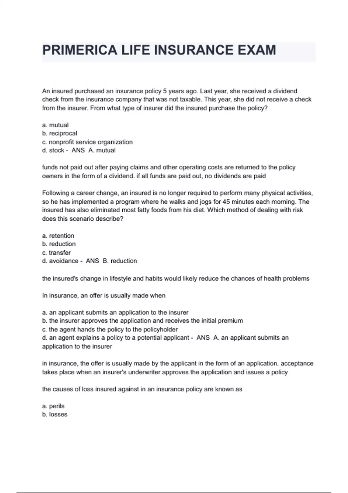 PRIMERICA LIFE INSURANCE EXAM QUESTIONS AND ANSWERS UCanPass Stuvia US