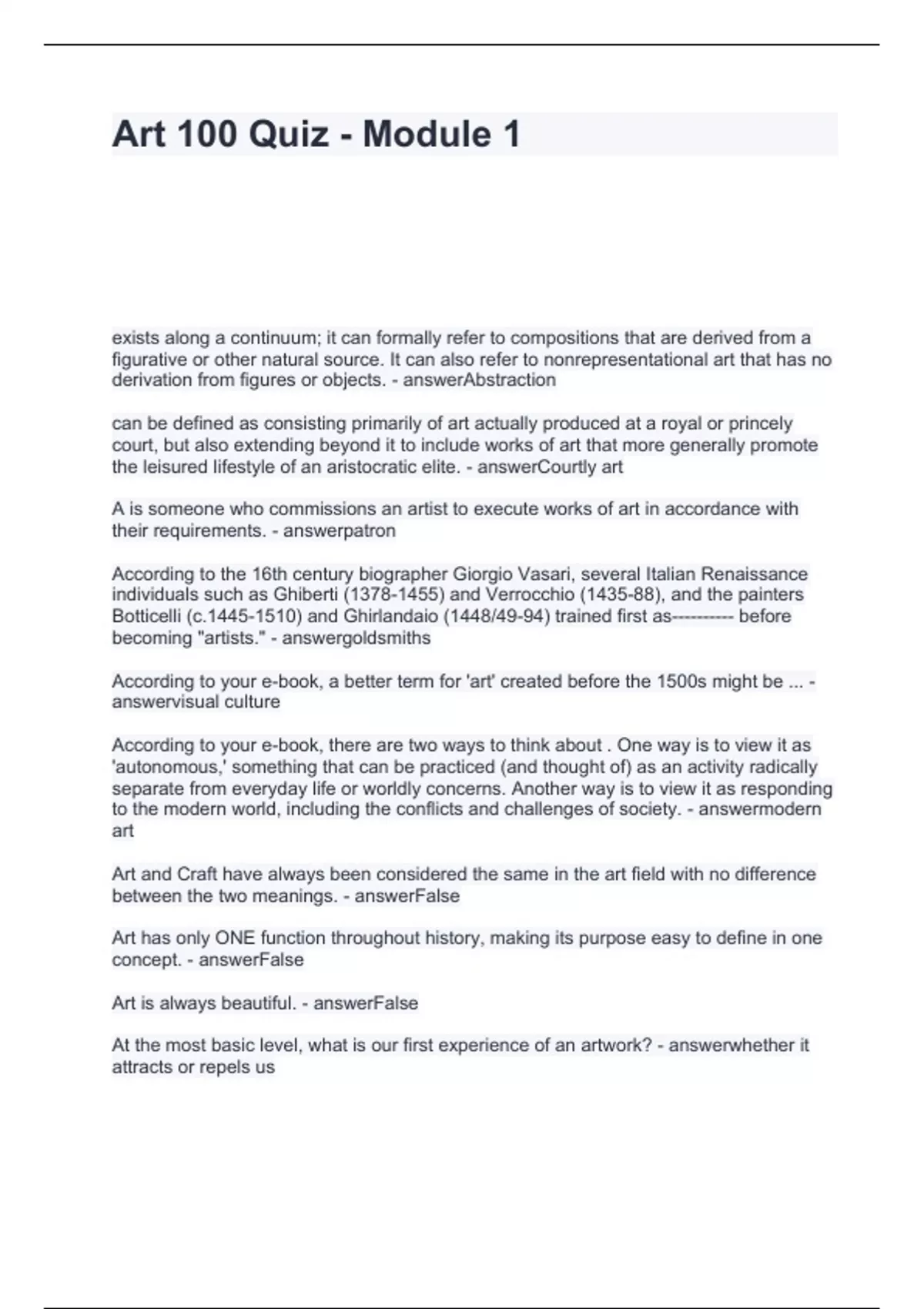 Art 100 Quiz - Module 1 Questions and Answers Latest Updated 2024 - ART ...