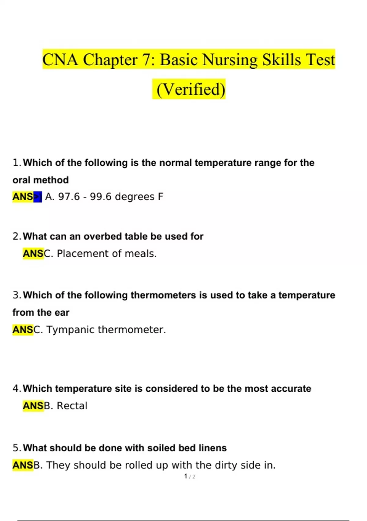 CNA Chapter 7 Basic Nursing Skills Test Questions and Answers 2024 /