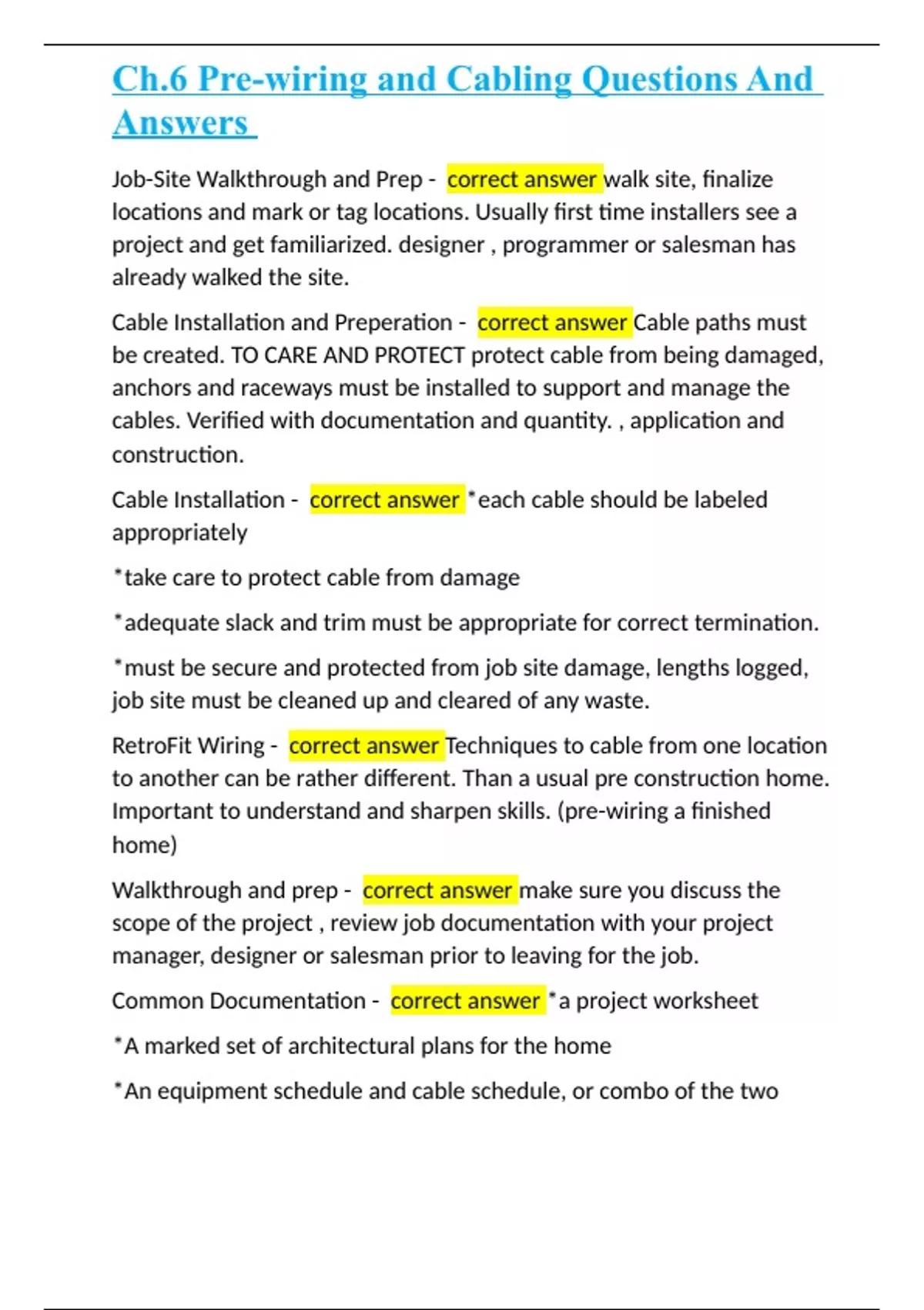 Ch.6 Prewiring and Cabling Questions And Answers Ch.6 Prewiring and