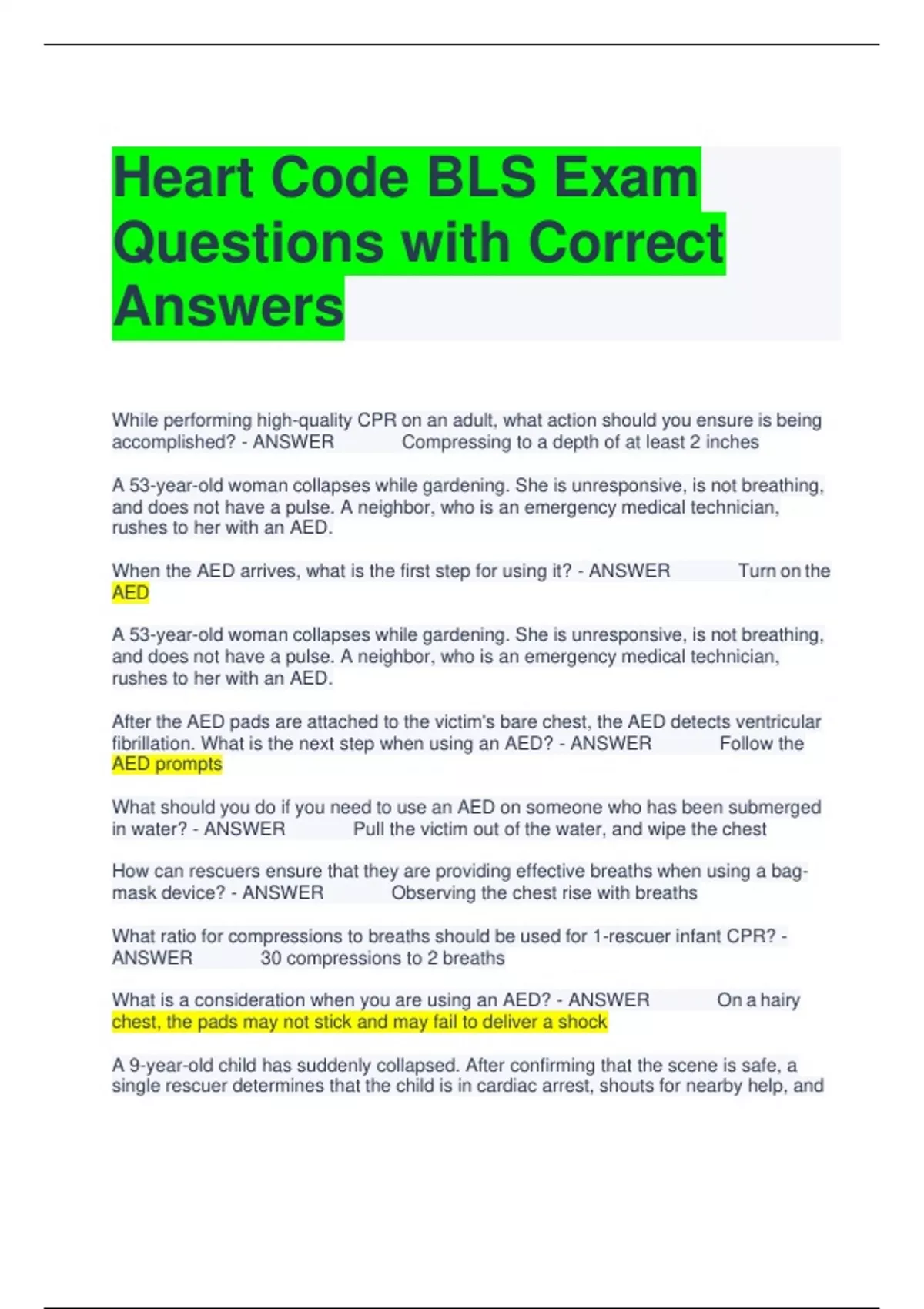 Heart Code BLS Exam Questions with Correct Answers Heart Code BLS