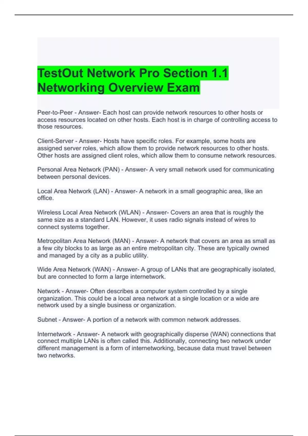 TestOut Network Pro Section 1.1 Networking Overview Exam Questions and