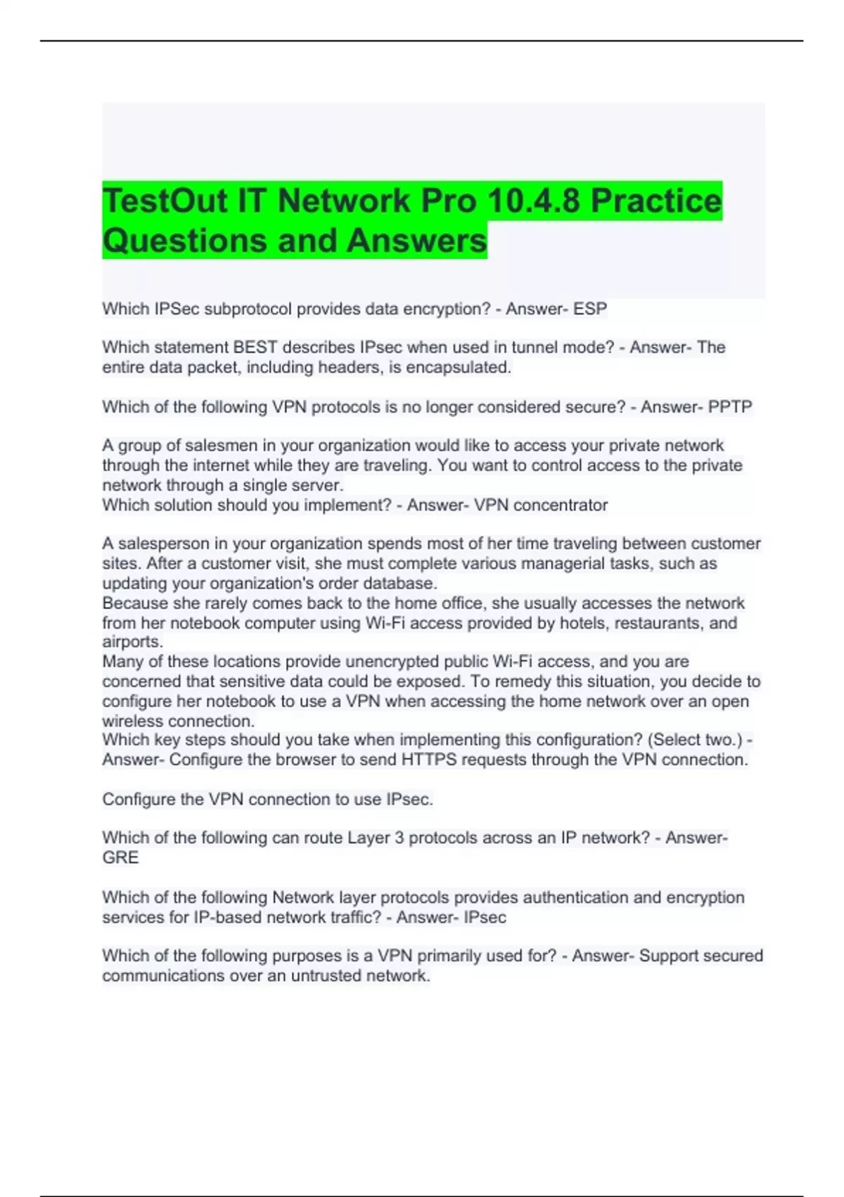 TestOut IT Network Pro 10.4.8 Practice Questions and Answers TestOut