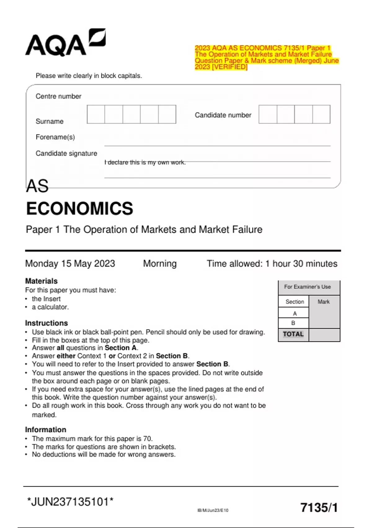 AQA 2023 AS ECONOMICS 7135 Paper 1 & 2 Question Papers & Mark schemes ...