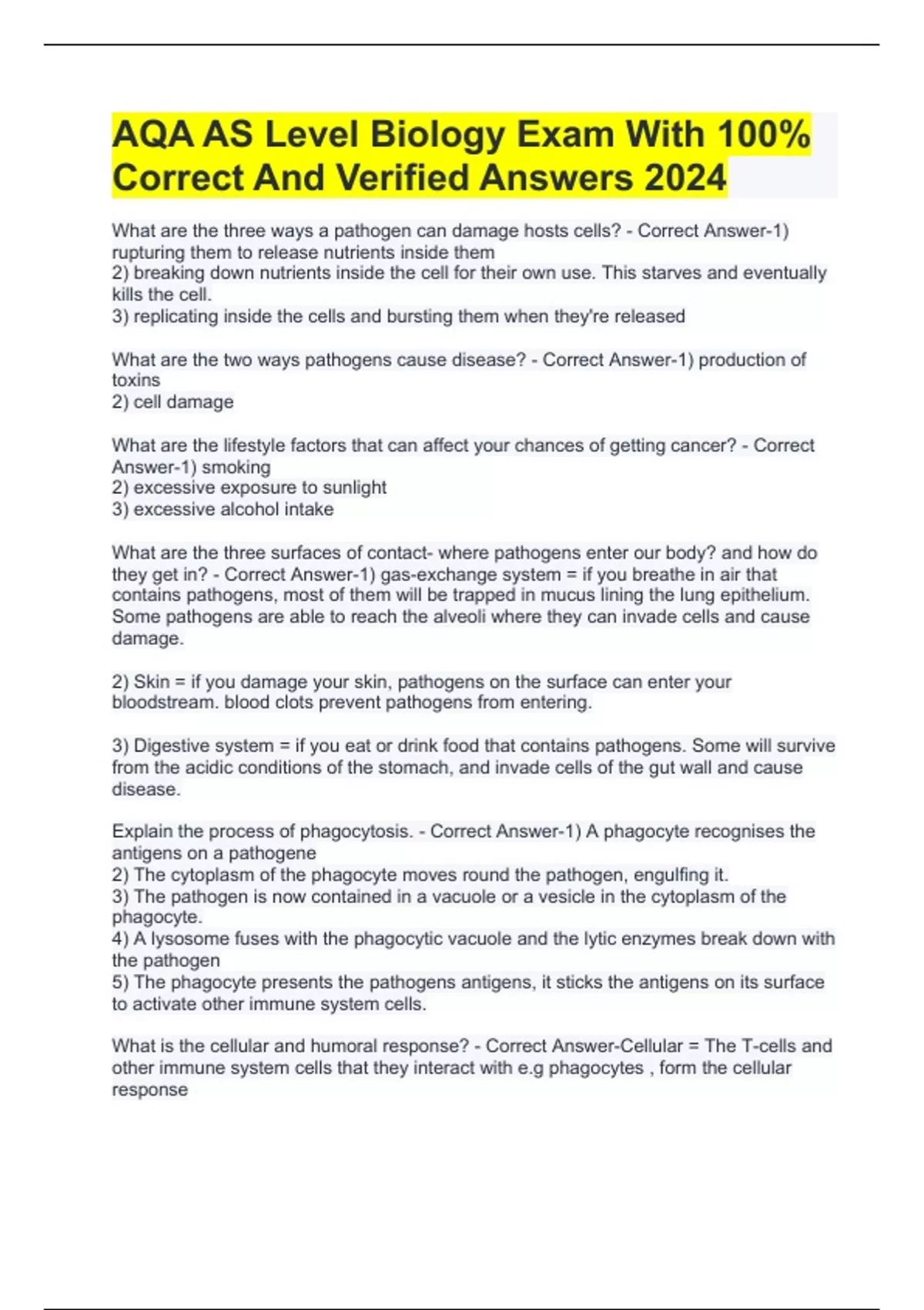 AQA AS Level Biology Exam With 100% Correct And Verified Answers 2024 ...