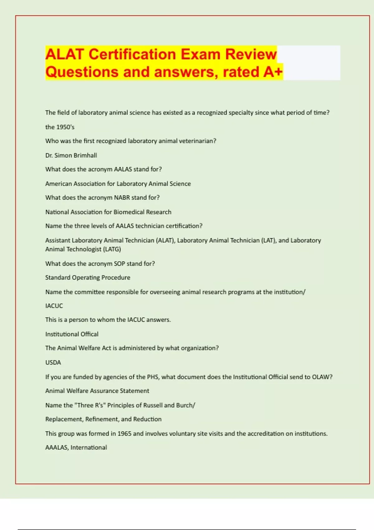 ALAT Certification Exam Review Questions and answers, rated A+/ latest ...