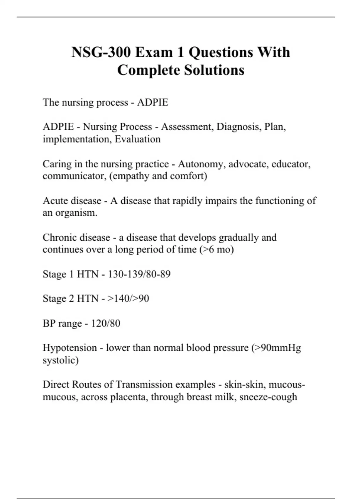 NSG-300 Exam 1 Questions With Complete Solutions - NSG 300 - Stuvia US