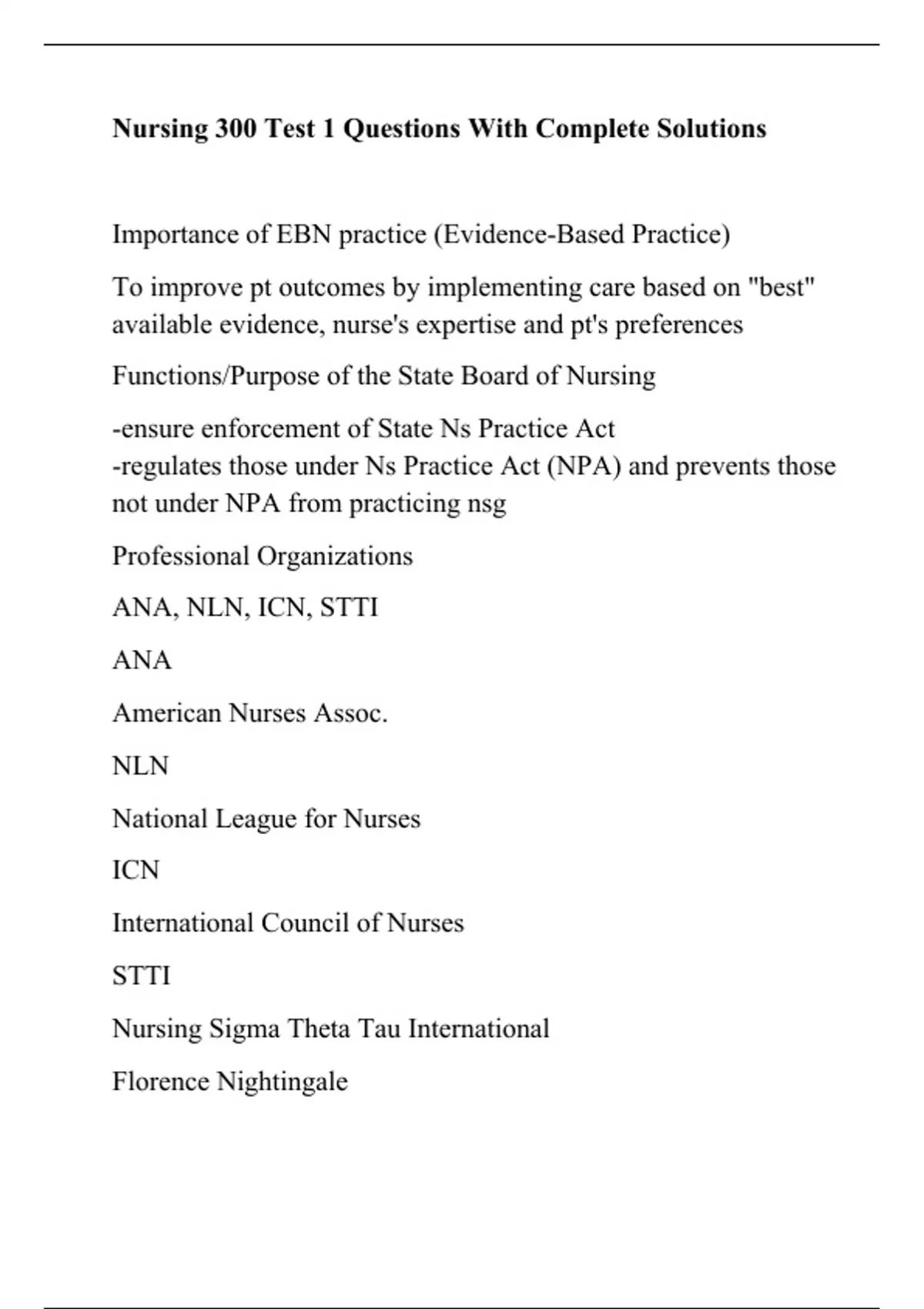 Nursing 300 Test 1 Questions With Complete Solutions - NSG 300 - Stuvia US