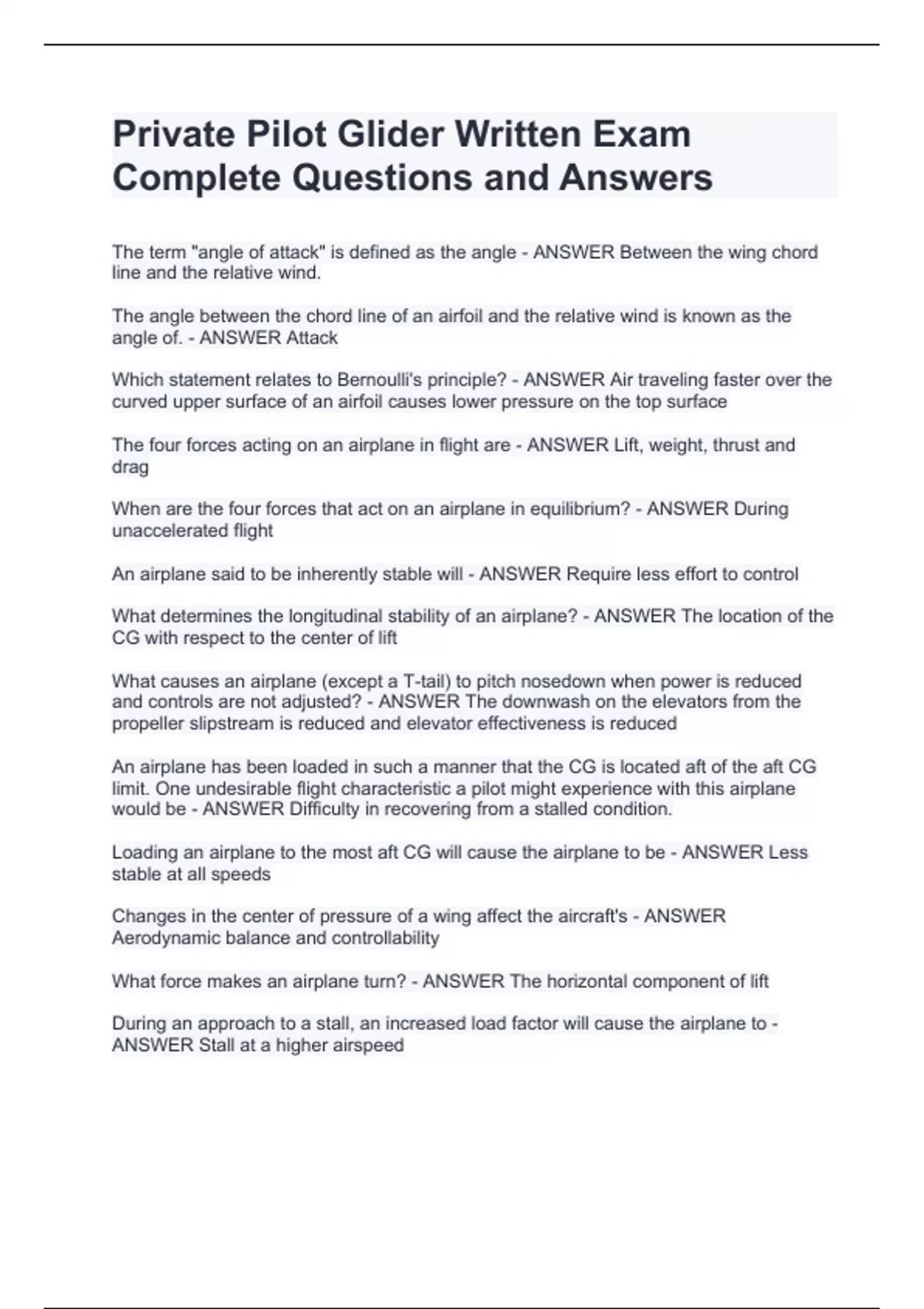 Private Pilot Glider Written Exam Complete Questions and Answer