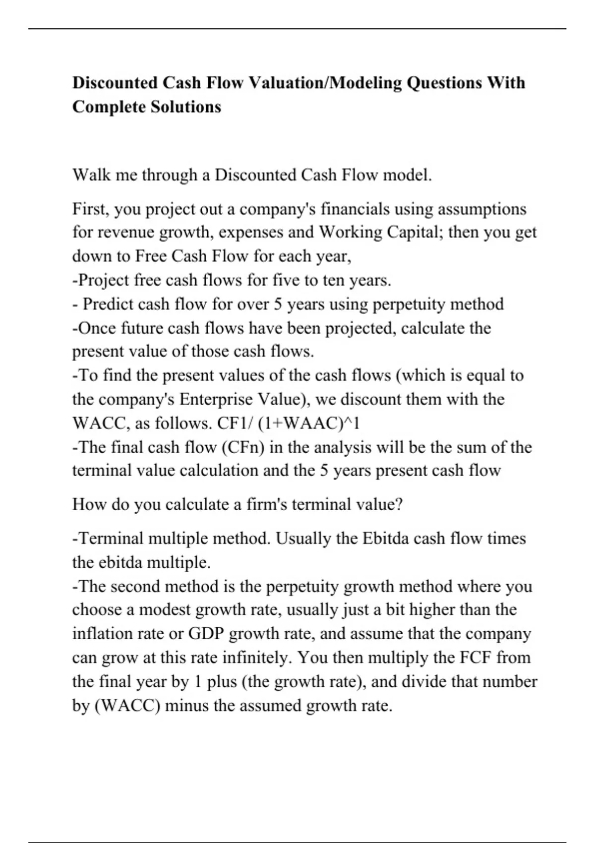 Discounted Cash Flow Valuation/Modeling Questions With Complete ...