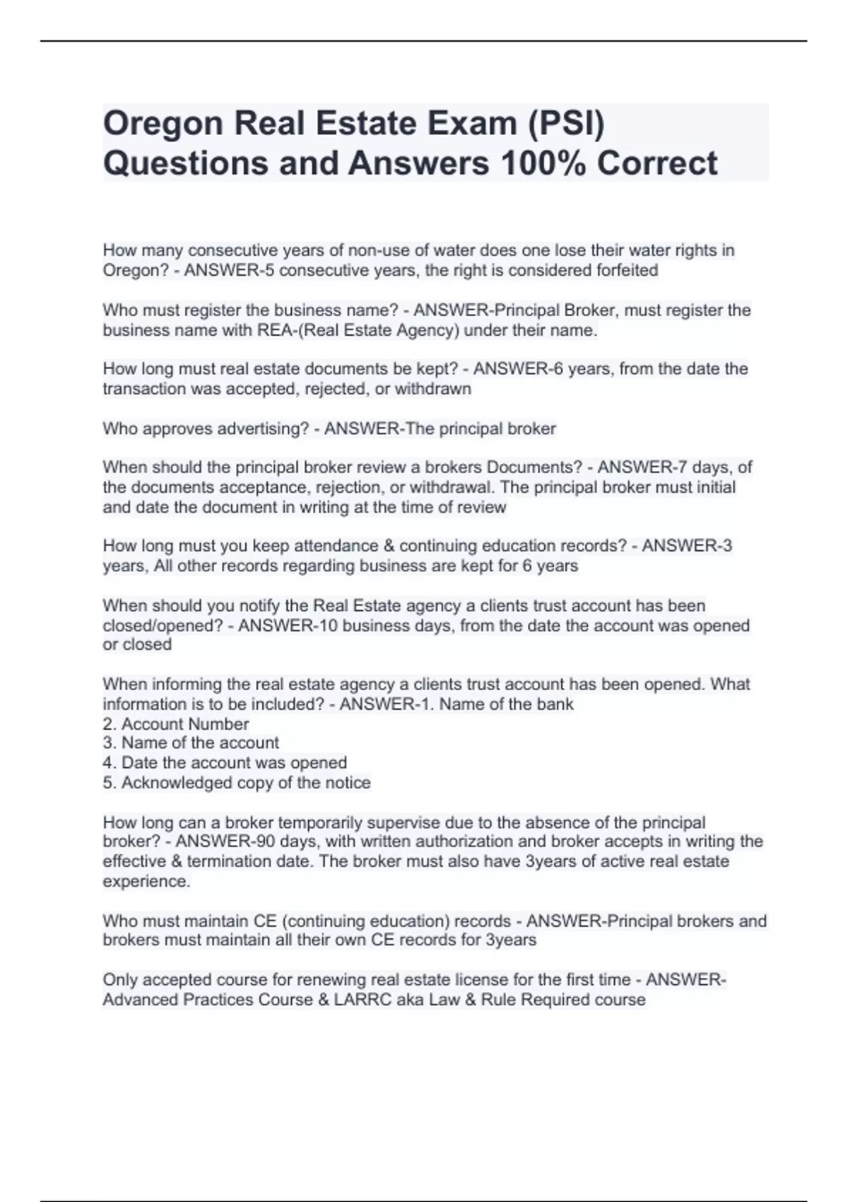 Oregon Real Estate Exam (PSI) Questions and Answers 100 Correct