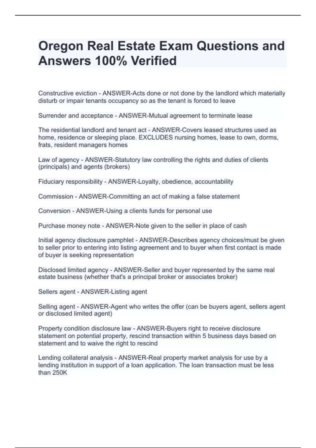 Oregon Real Estate Exam Questions and Answers 100 Verified Oregon