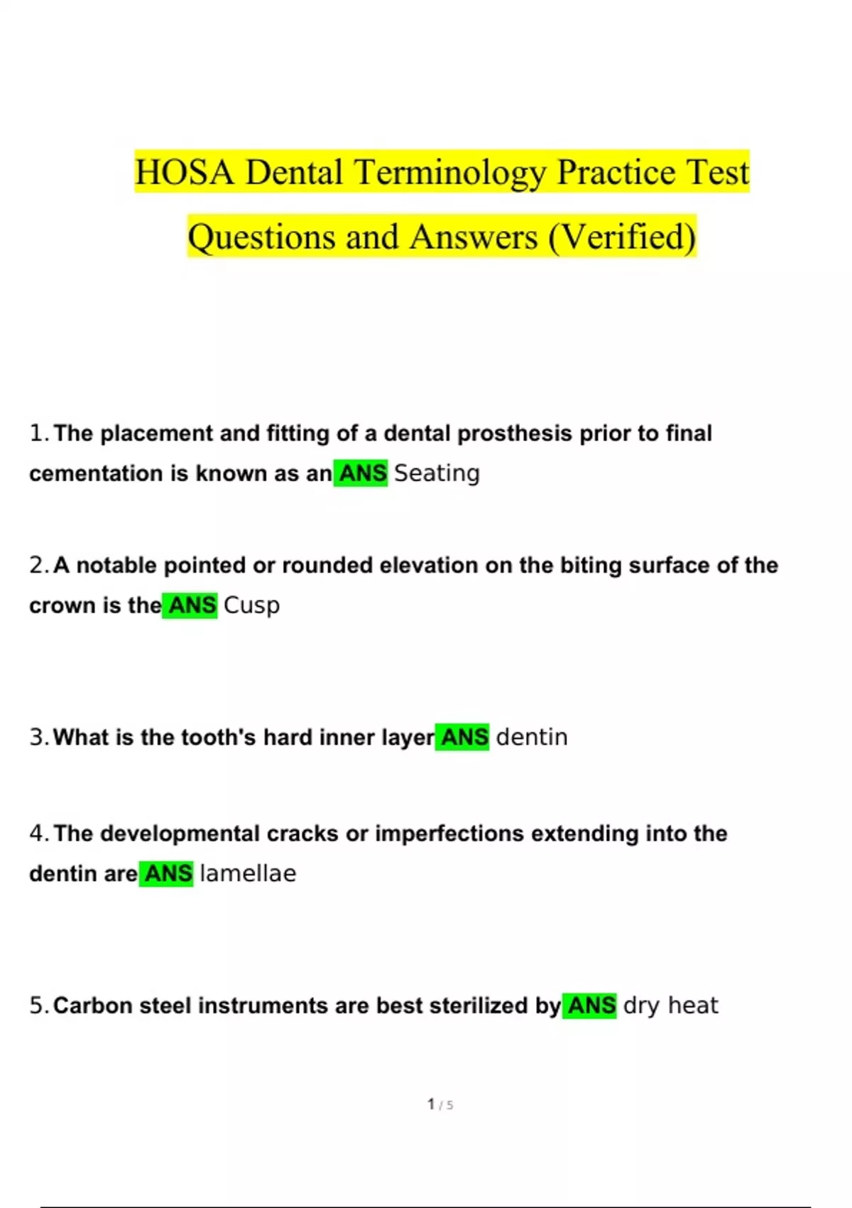 HOSA Dental Terminology Practice Test Questions and Answers (2024 /