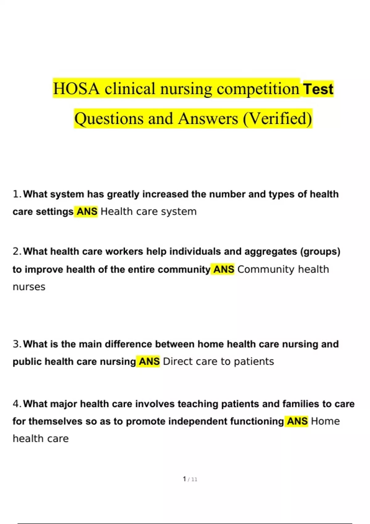 HOSA clinical nursing competition Test Questions and Answers (2024 / ...