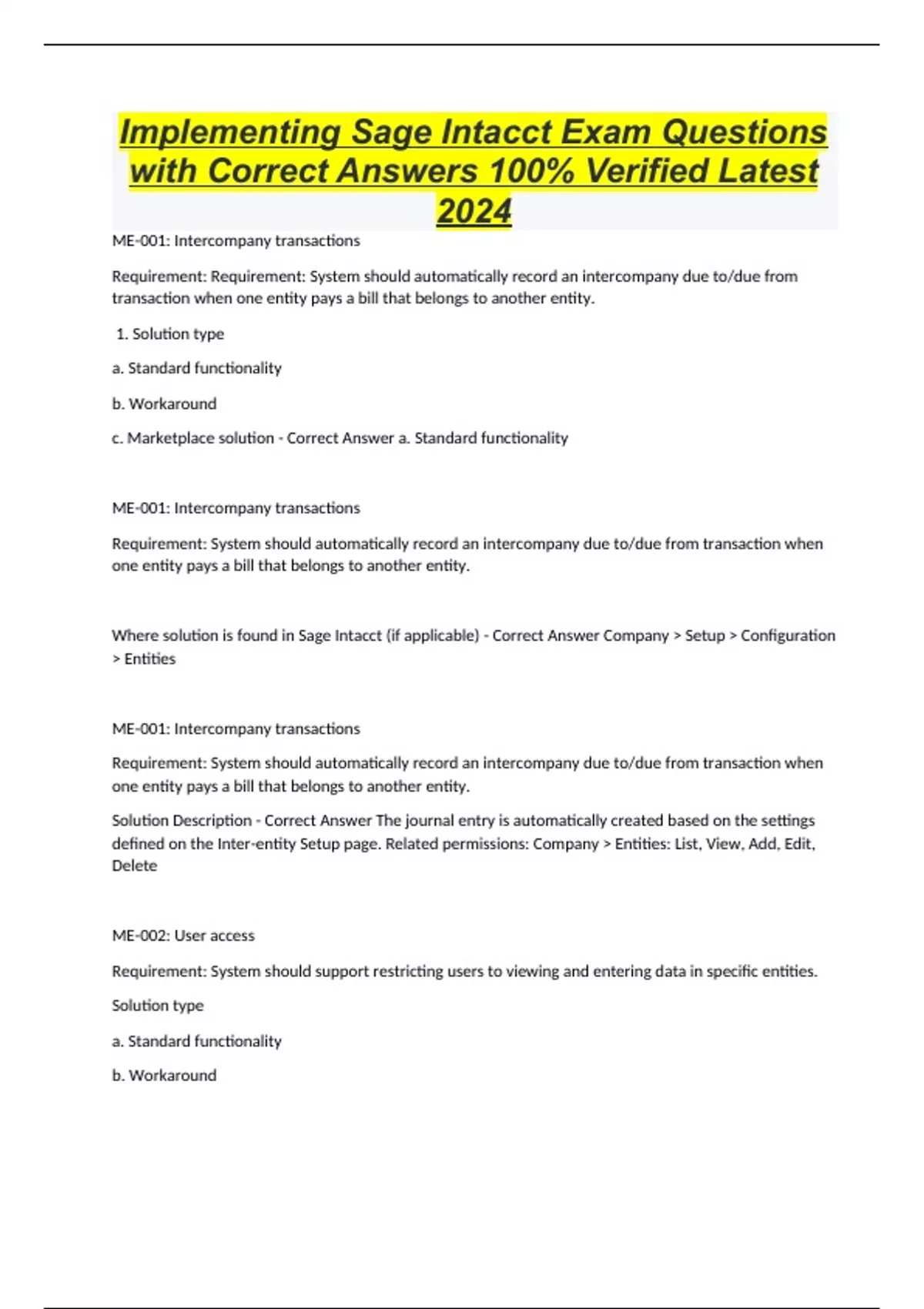 Implementing Sage Intacct Exam Questions with Correct Answers 100